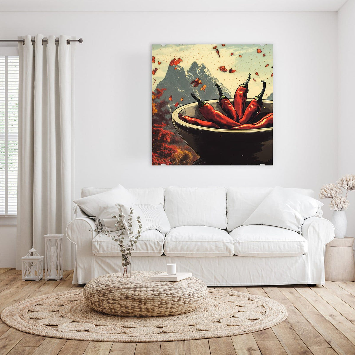 Illustration: dunkle Schale voller roter Chilischoten, im Hintergrund Berge, Chiliflocken fliegen durch die Luft