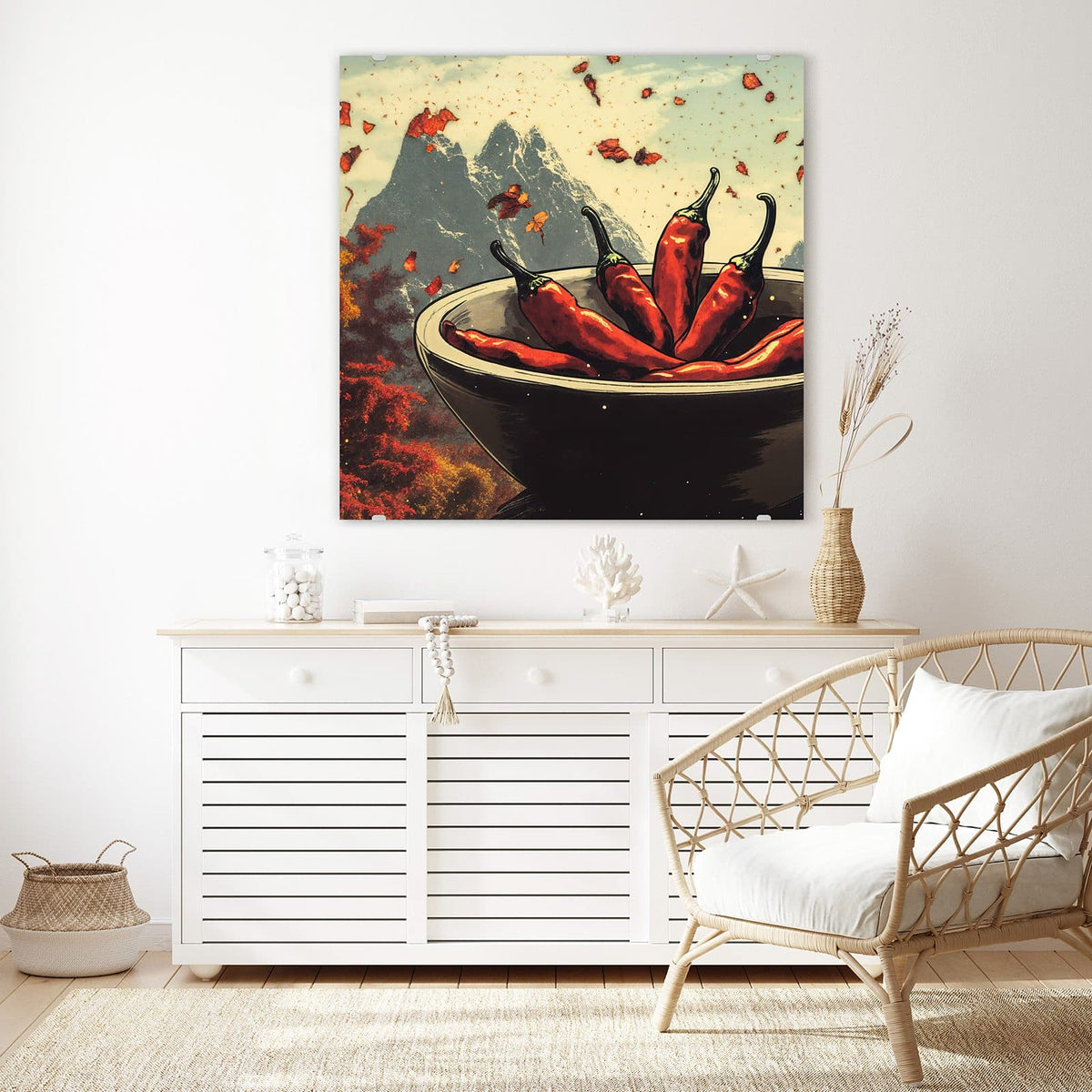 Echtglas, 4 mm – kein Acryl, keine Folie – Wandbild - Schale mit Chilis - Quadratisch