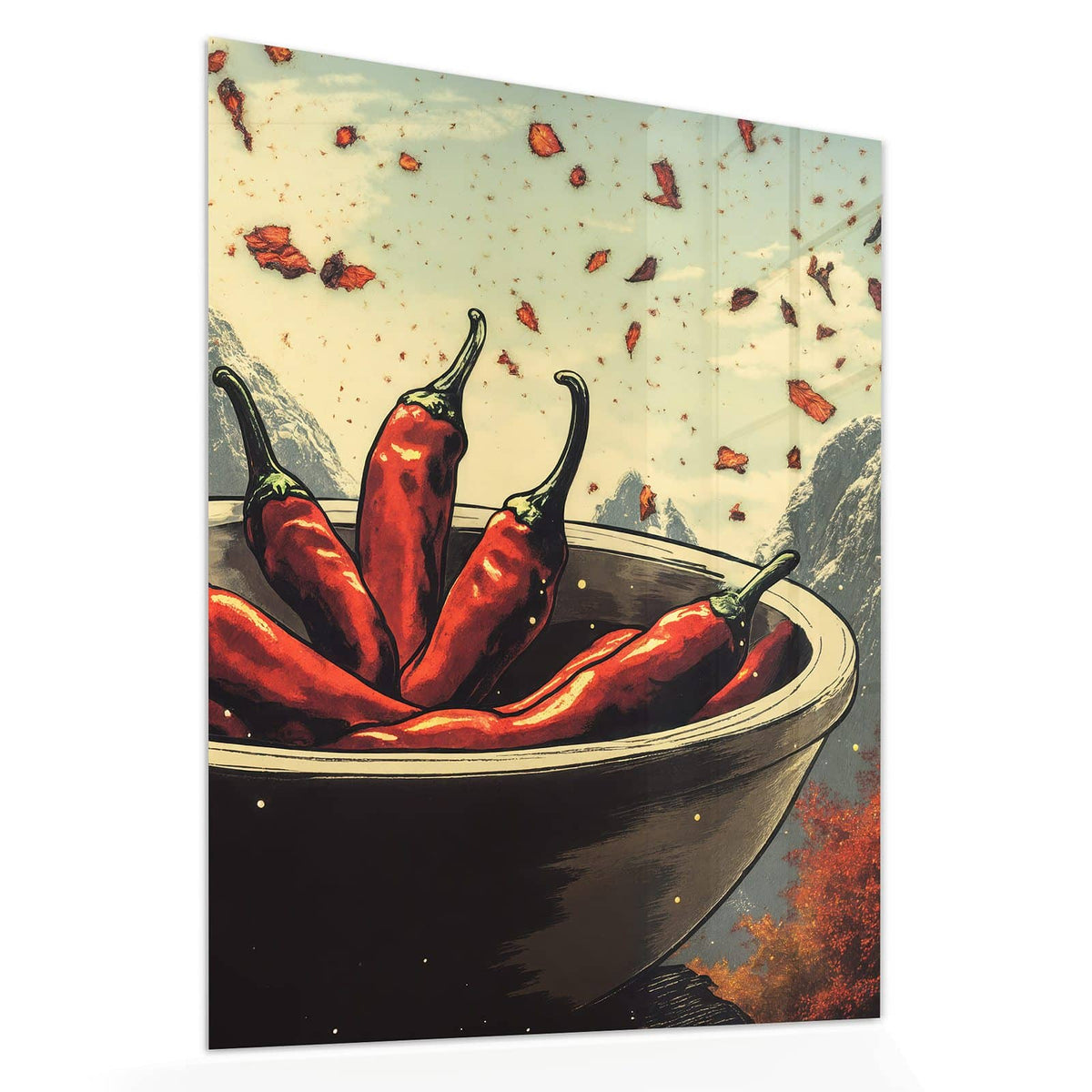 Echtglas, 4 mm – kein Acryl, keine Folie – Wandbild - Schale mit Chilis - Hochformat