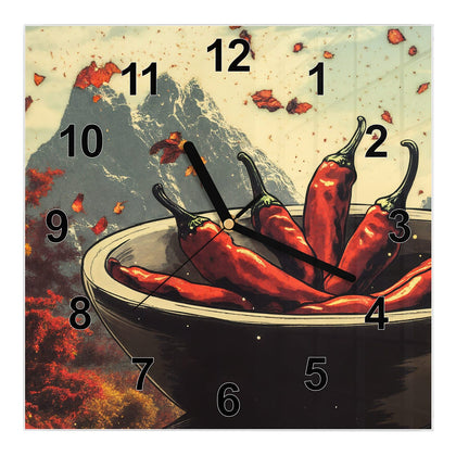 Wanduhr Quadratisch mit dem Motiv Schale mit Chilis