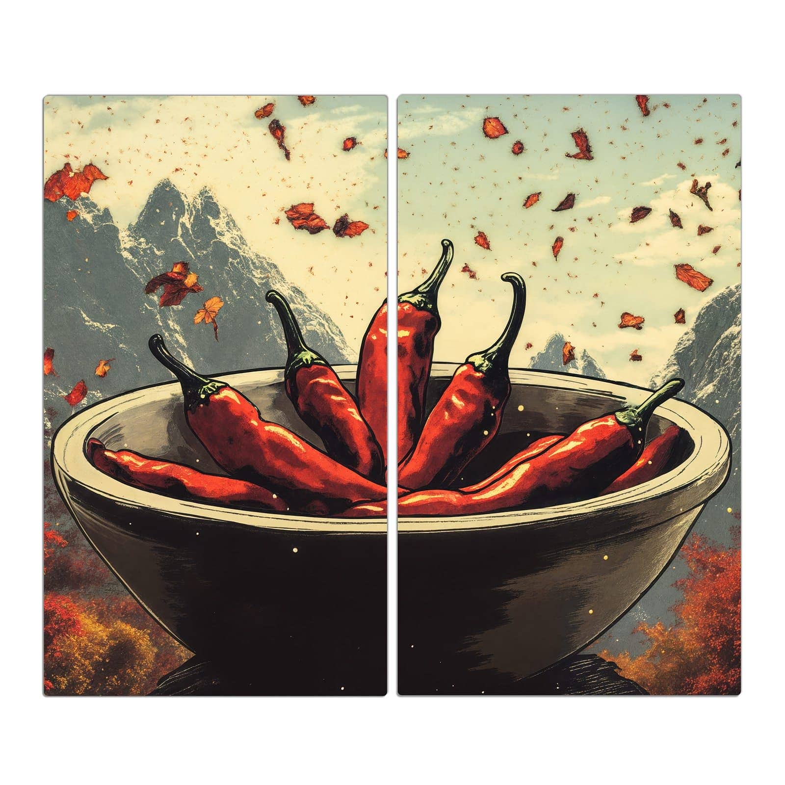 2-teilige Ceranfeld Abdeckplatten mit Frische Chilischoten-Motiv in der Frontansicht #grösse_2-Teilig (60x52cm)