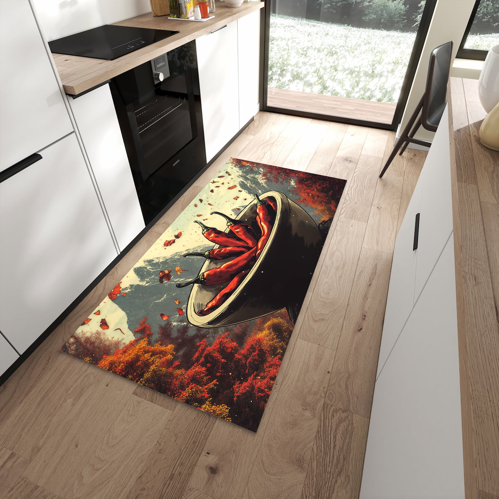 Wasserabweisender Bodenläufer mit Motiv Frische Chilischoten in moderner Küche