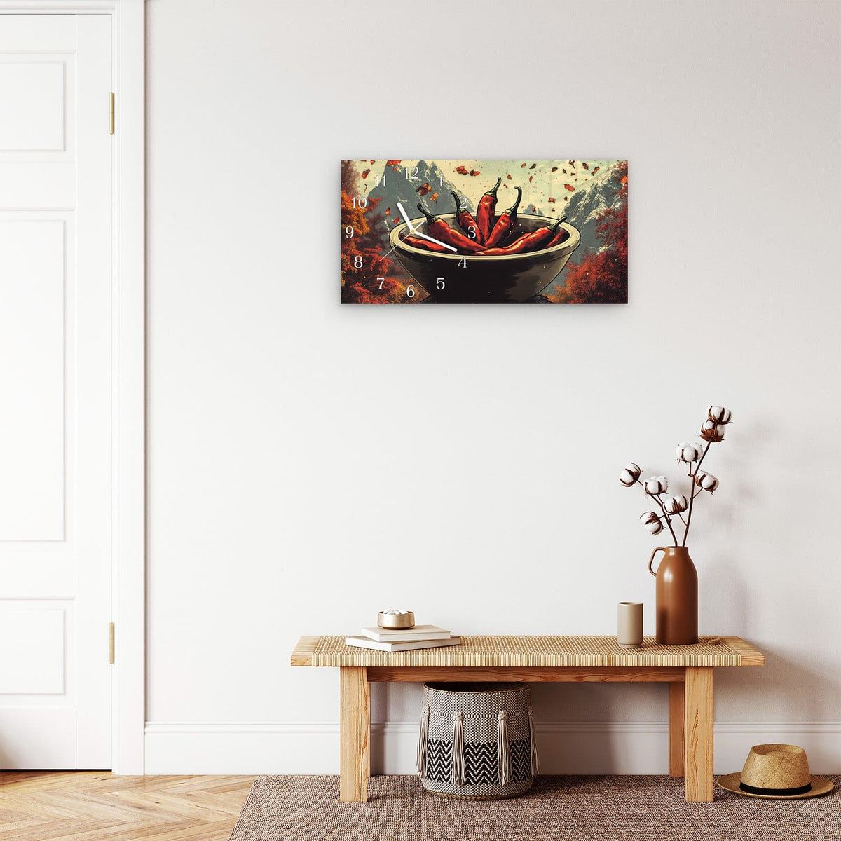 Moderne Wanduhr aus Glas mit Farbtiefe – Wanduhr Frische Chilischoten aus Glas – Querformat 60 × 30 cm