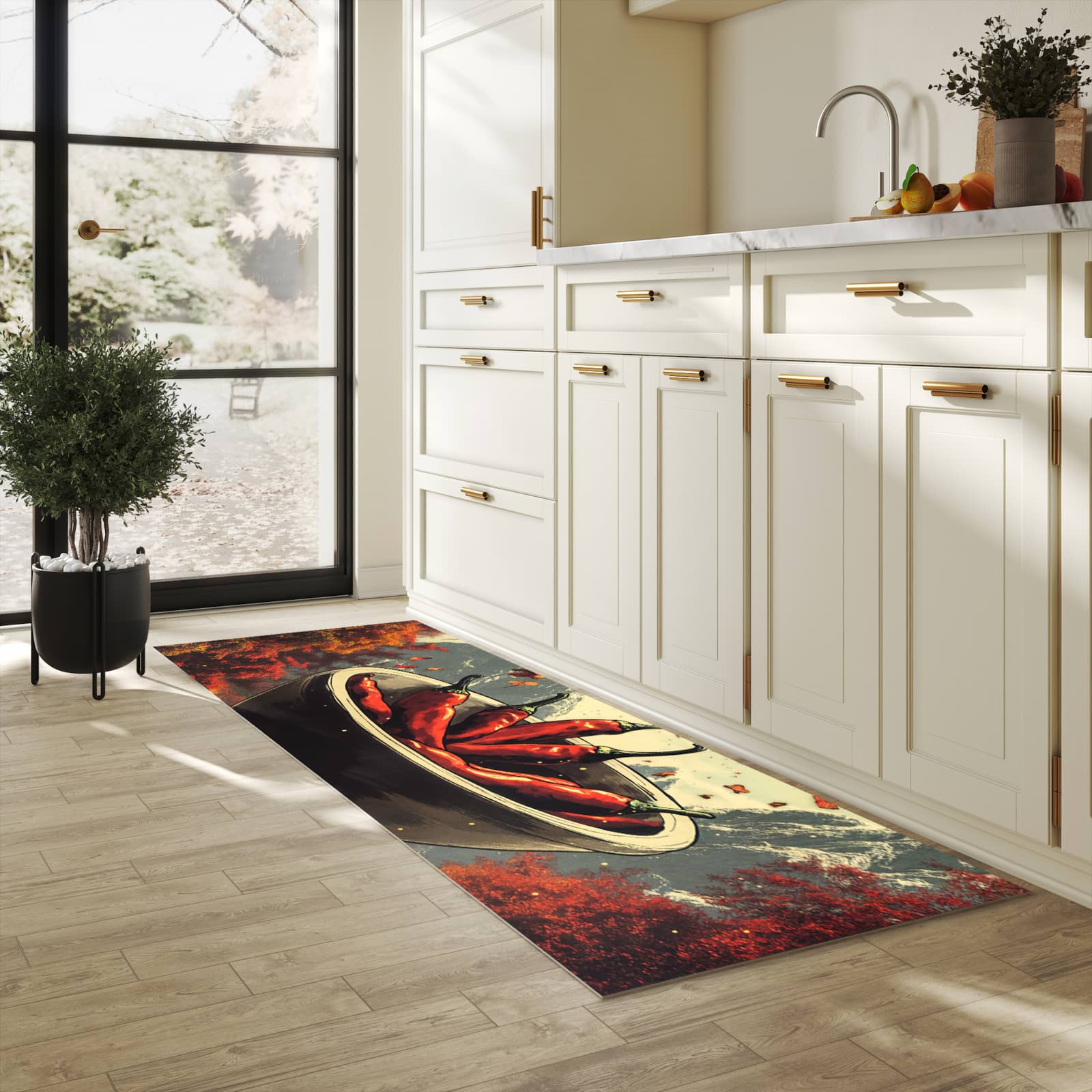 Langlebiger Küchenläufer mit Motiv Frische Chilischoten in heller Küche