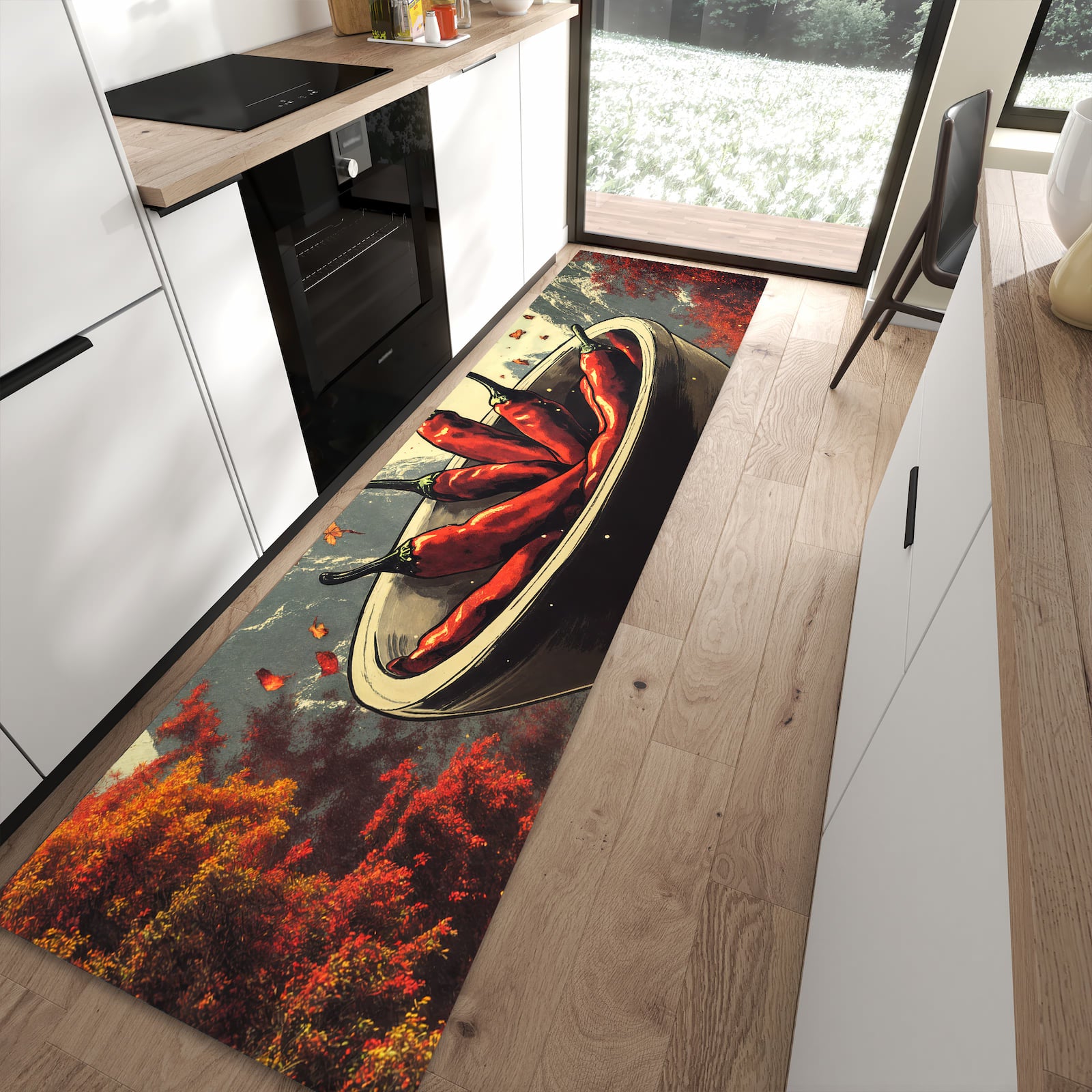 Rutschfester Küchenteppich mit Motiv Frische Chilischoten für Trittkomfort in moderner Küche