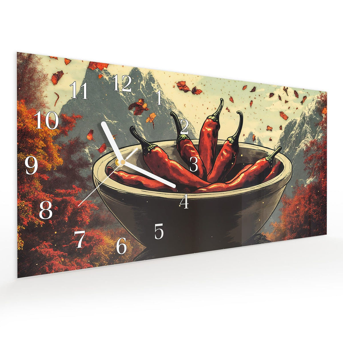 Vormontiert – mit Schwebeeffekt – Wanduhr Frische Chilischoten aus Glas – Querformat 60 × 30 cm