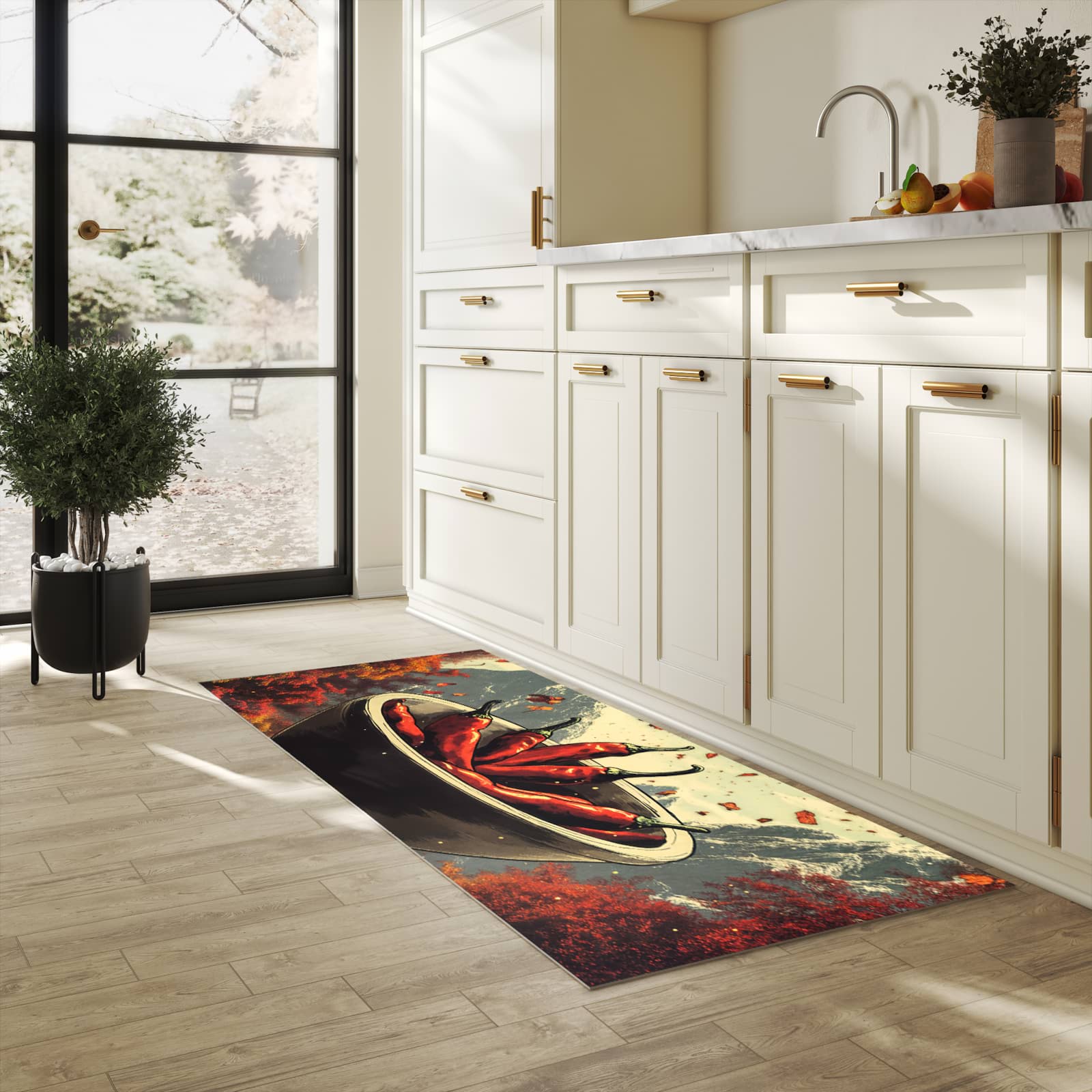 Geruchsneutraler rutschfester Küchenläufer mit Motiv Frische Chilischoten in heller Küche