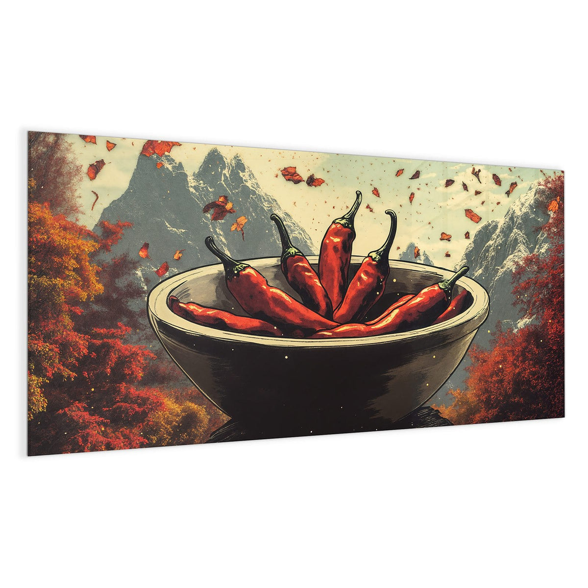 Illustration: dunkle Schale voller roter Chilischoten, im Hintergrund Berge, Chiliflocken fliegen durch die Luft