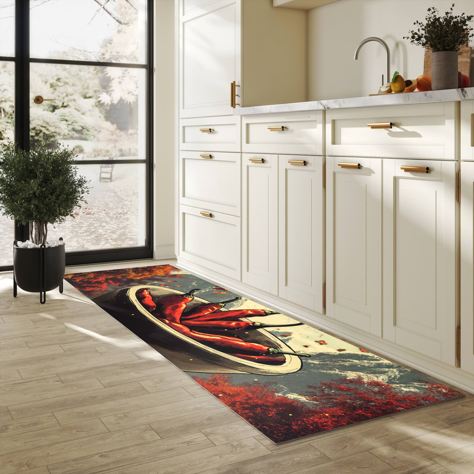 Flacher Küchenläufer nach Maß mit Motiv Frische Chilischoten in heller Küche