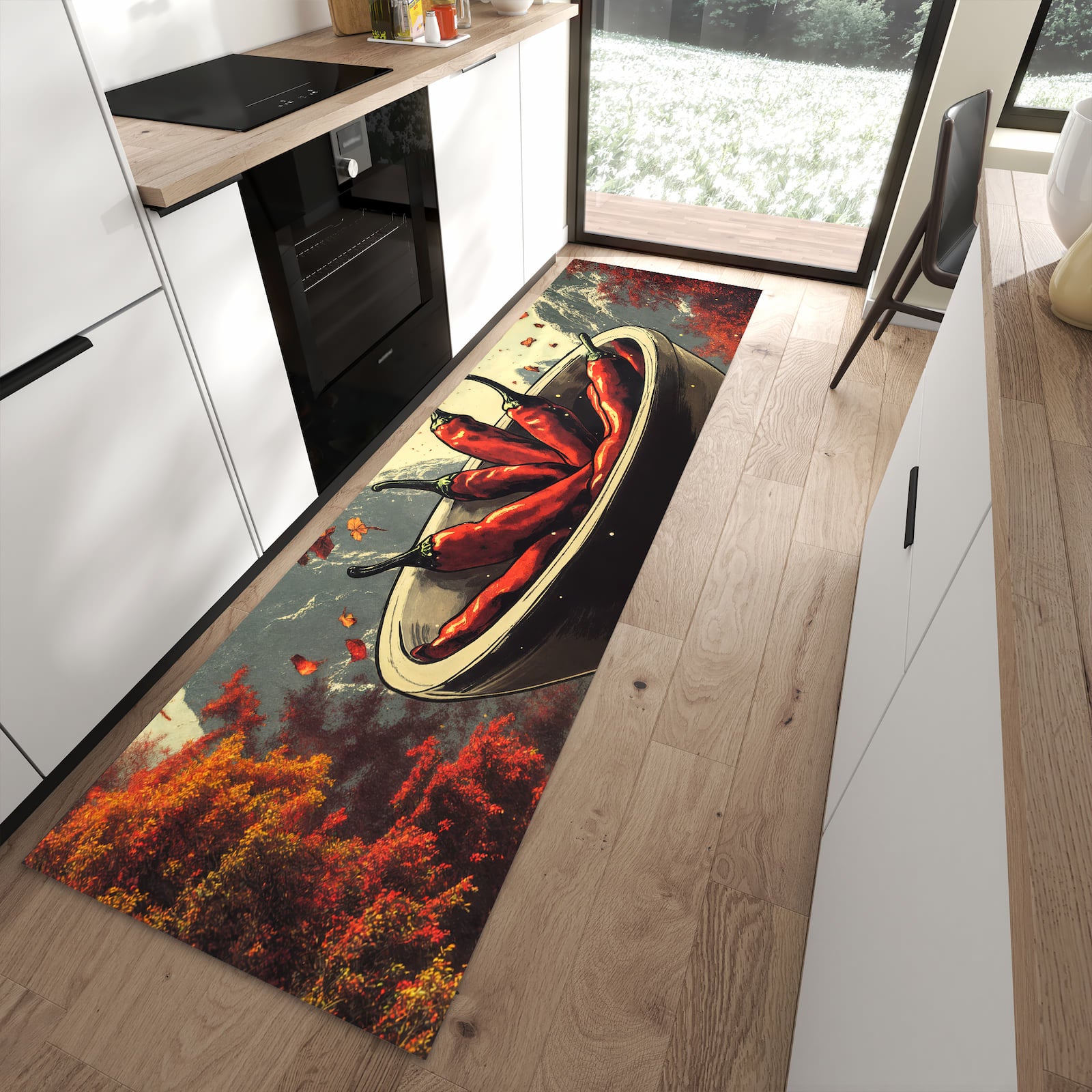 UV-beständiger waschbarer Teppich für Esstisch mit Motiv Frische Chilischoten in moderner Küche