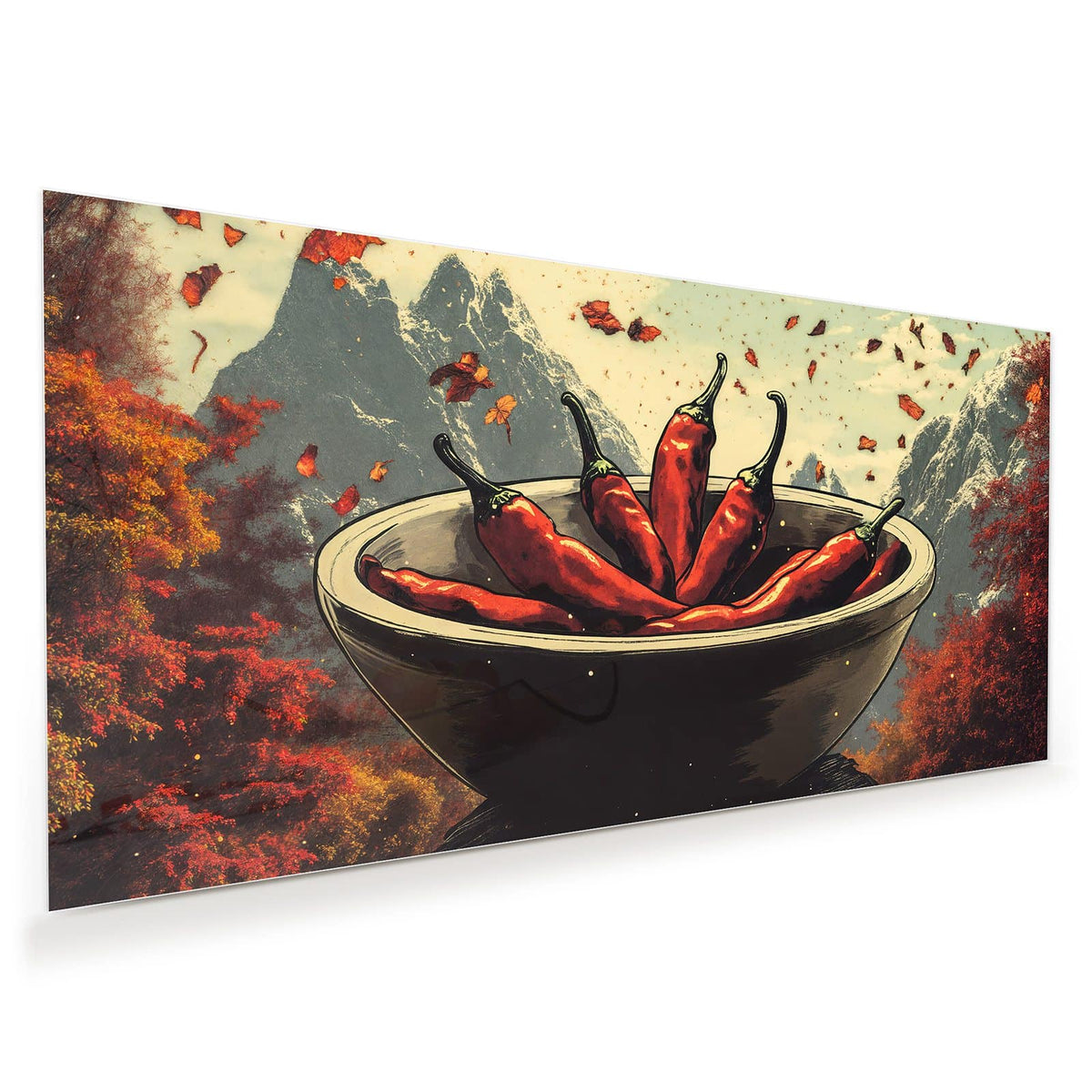 Illustration: dunkle Schale voller roter Chilischoten, im Hintergrund Berge, Chiliflocken fliegen durch die Luft