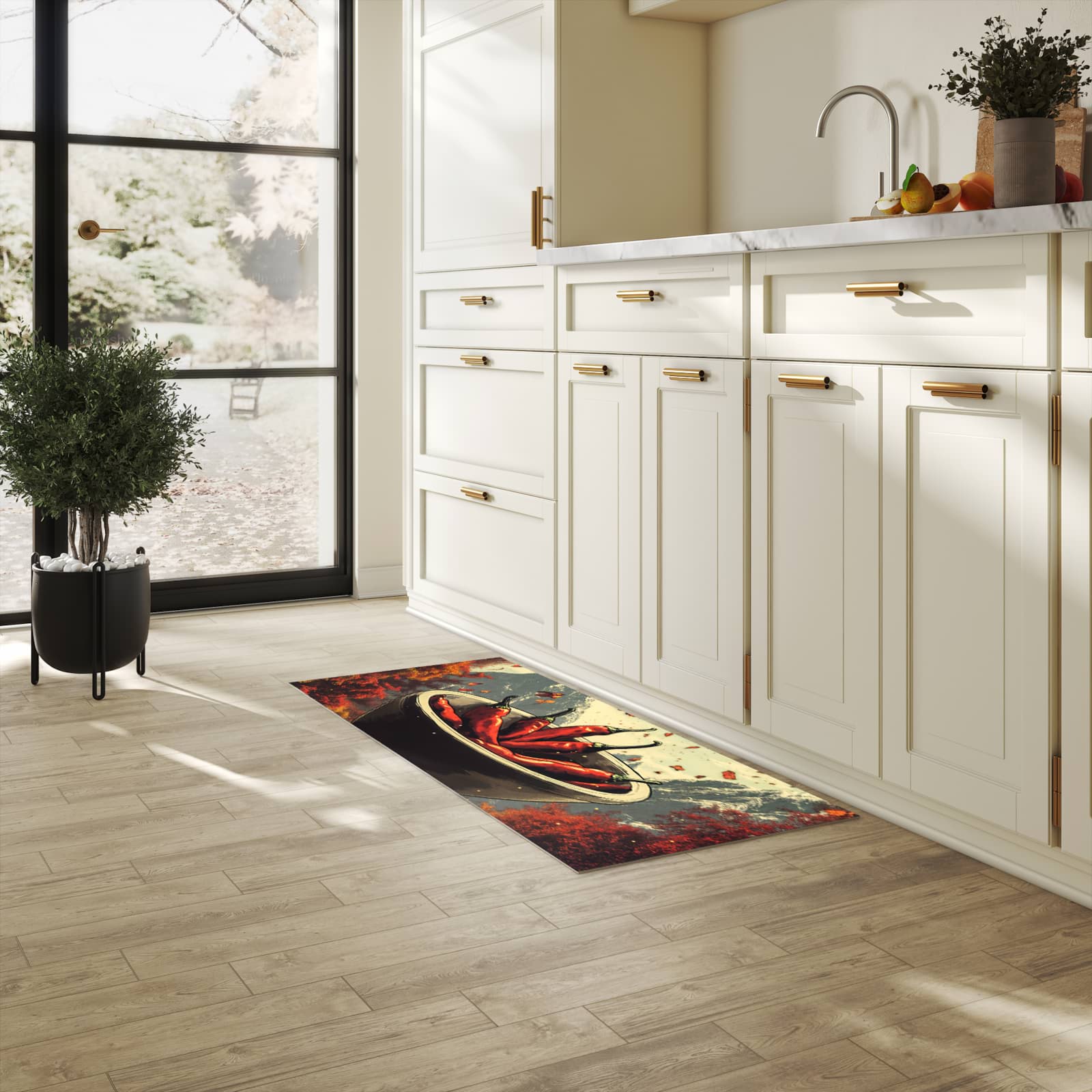 Abriebfester Küchenläufer mit Motiv Frische Chilischoten in heller Küche