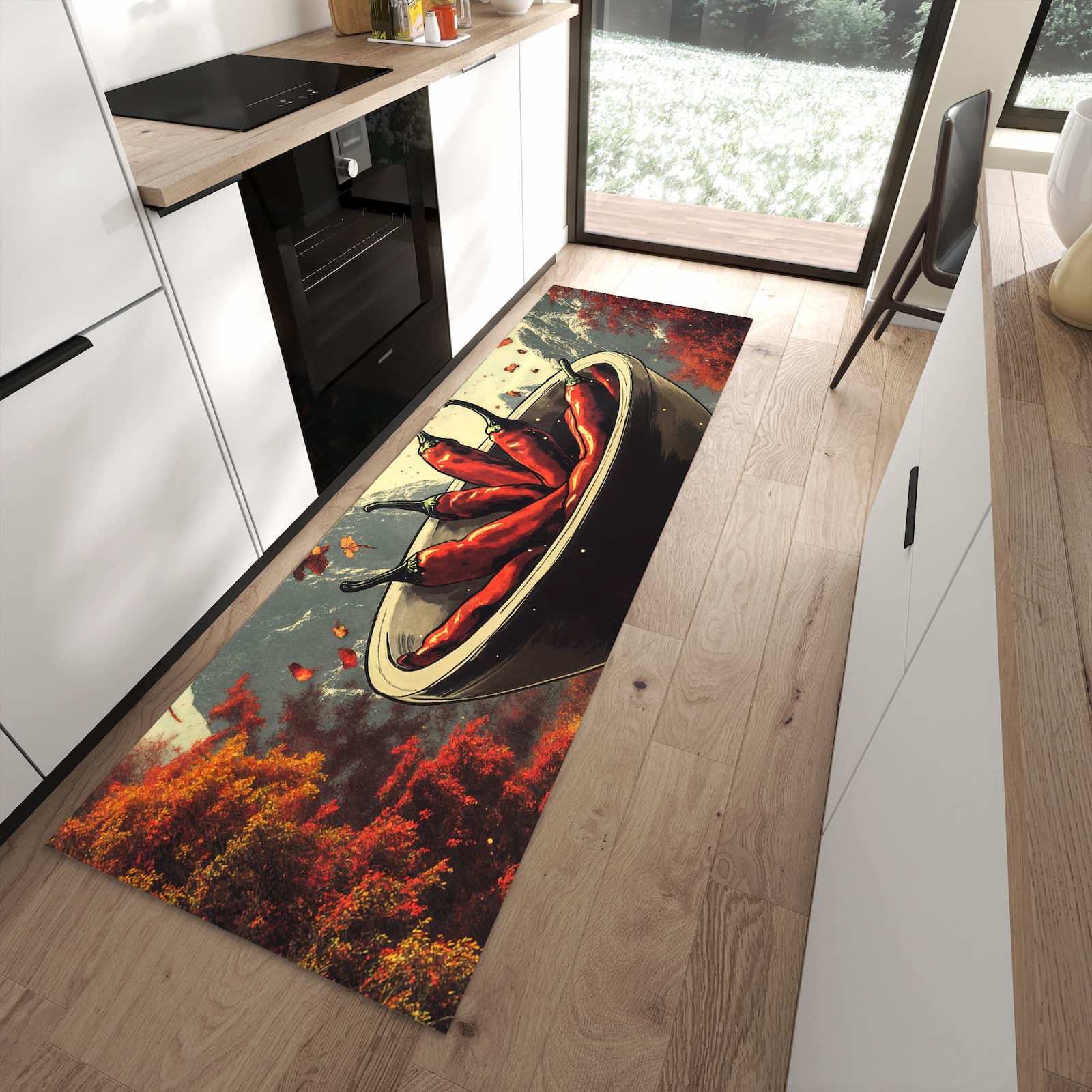 Abriebfester waschbarer Teppich fürs Esszimmer mit Motiv Frische Chilischoten in moderner Küche