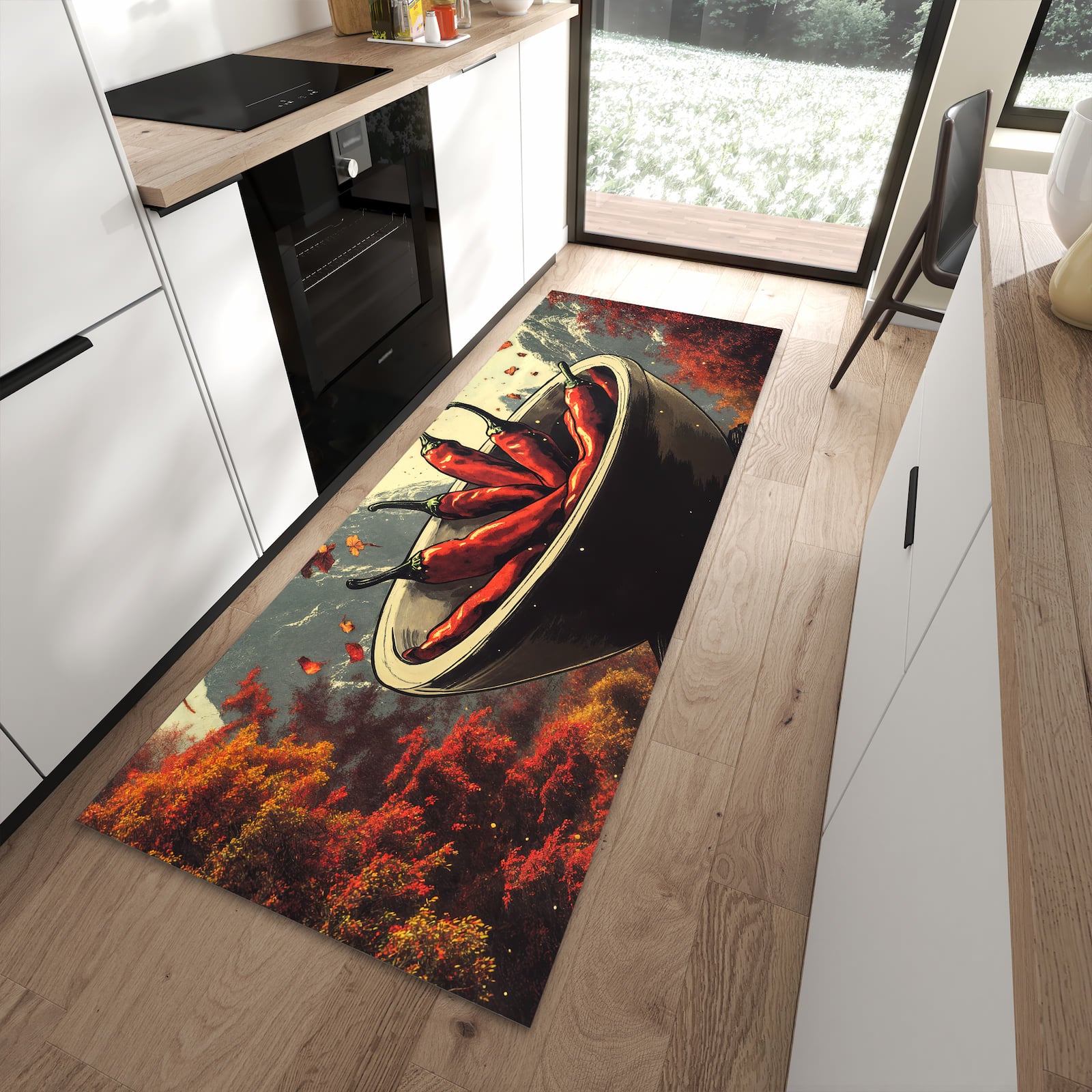 Fleckenresistenter Bodenläufer mit Motiv Frische Chilischoten in moderner Küche