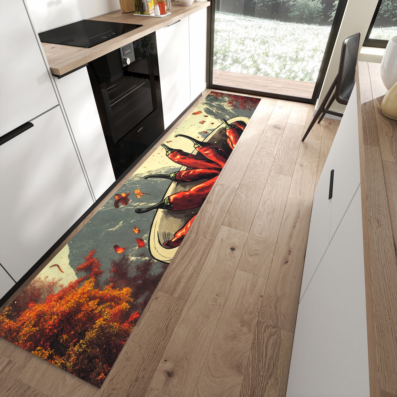 Dünner Küchenteppich mit Motiv Frische Chilischoten in moderner Küche für sicheres Aufbewahren