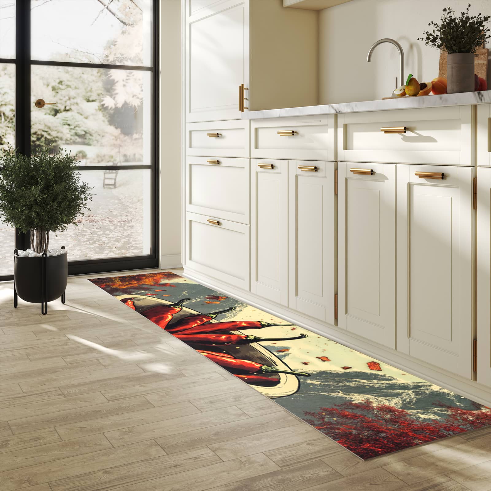 Fleckenresistenter rutschfester Küchenläufer mit Motiv Frische Chilischoten in heller Küche