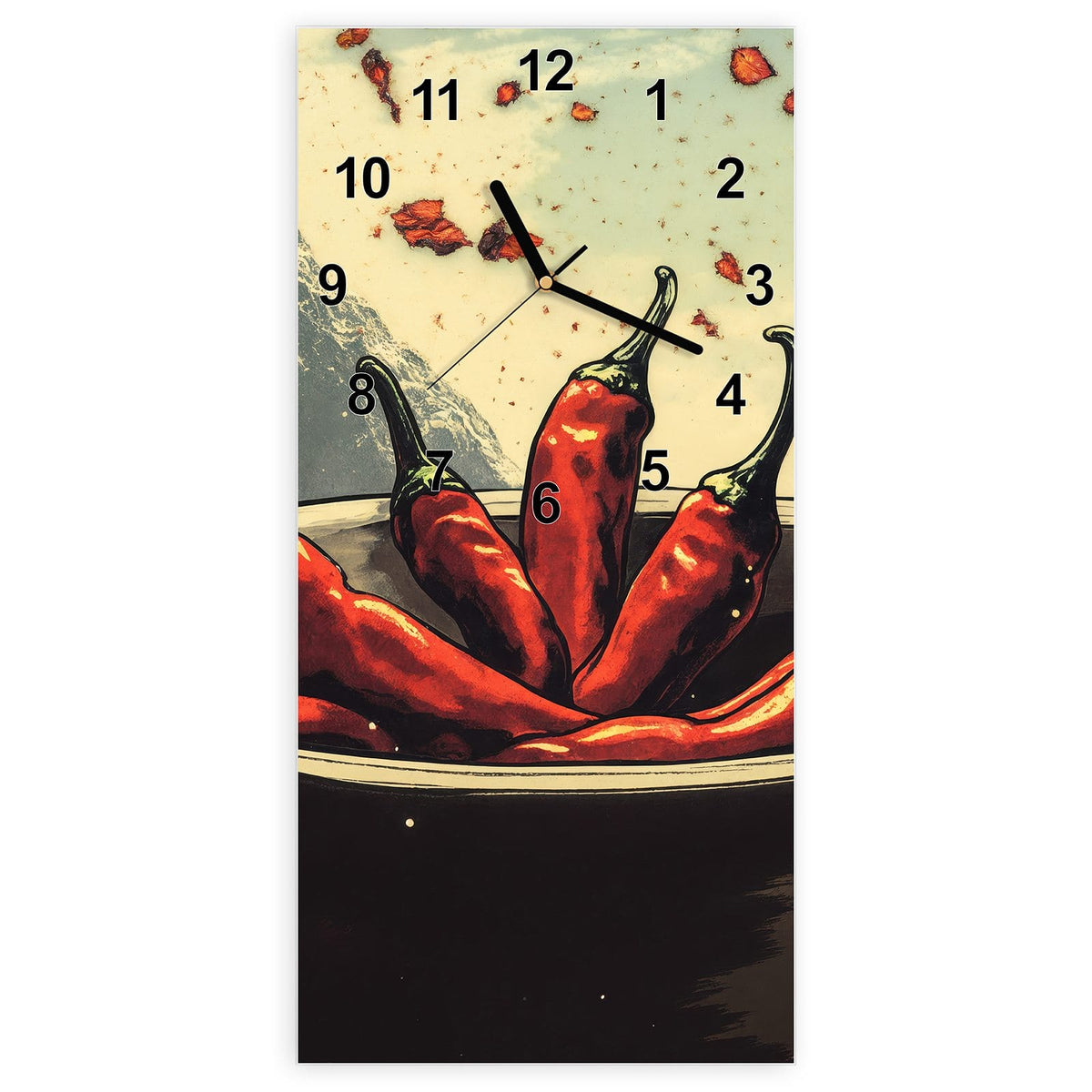 Wanduhr aus Glas, Ziffernblatt Modern: Illustration: dunkle Schale voller roter Chilischoten, im Hintergrund Berge, Chiliflocken fliegen durch die Luft