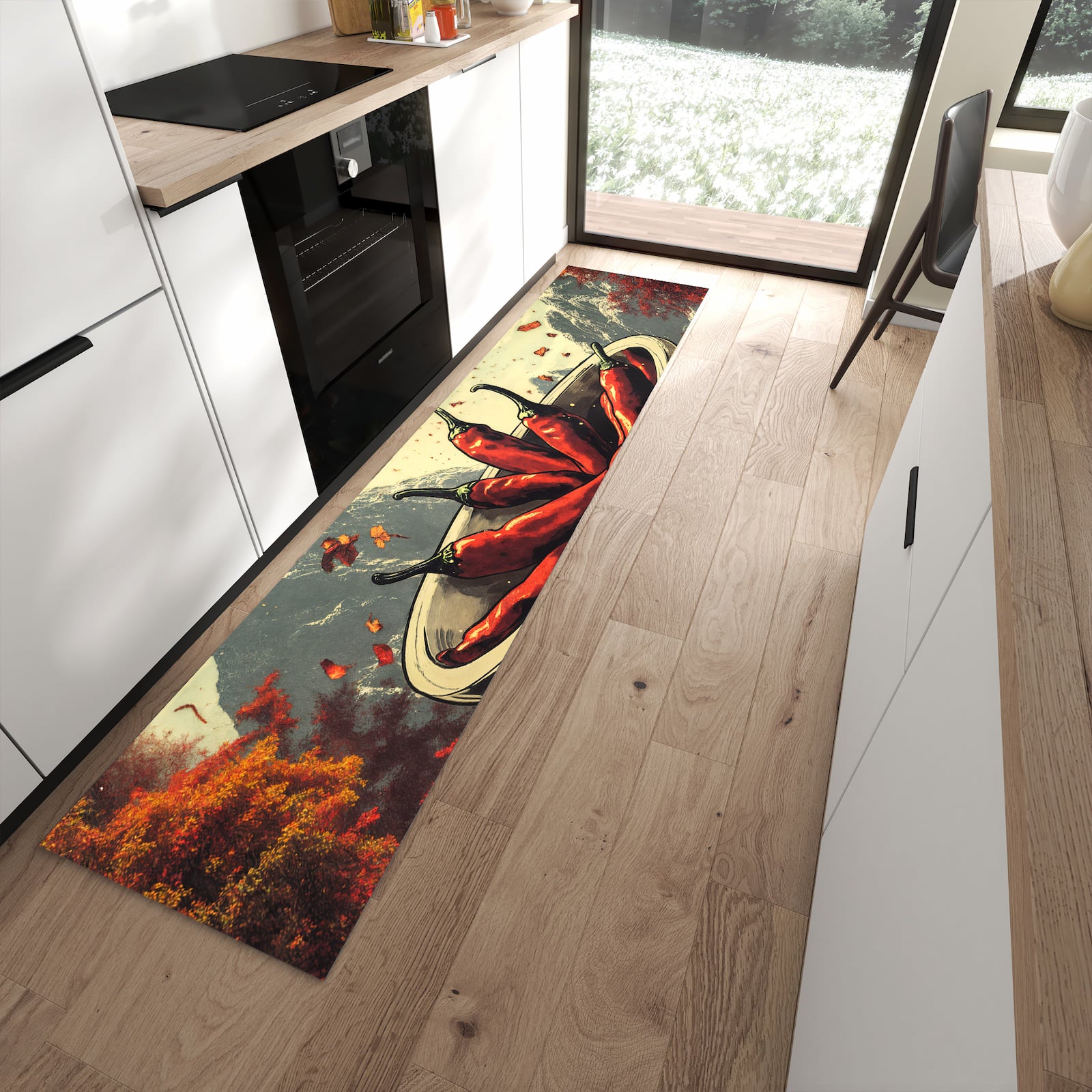 Formstabiler Läufer mit Motiv Frische Chilischoten in moderner Küche für rutschfesten Stand