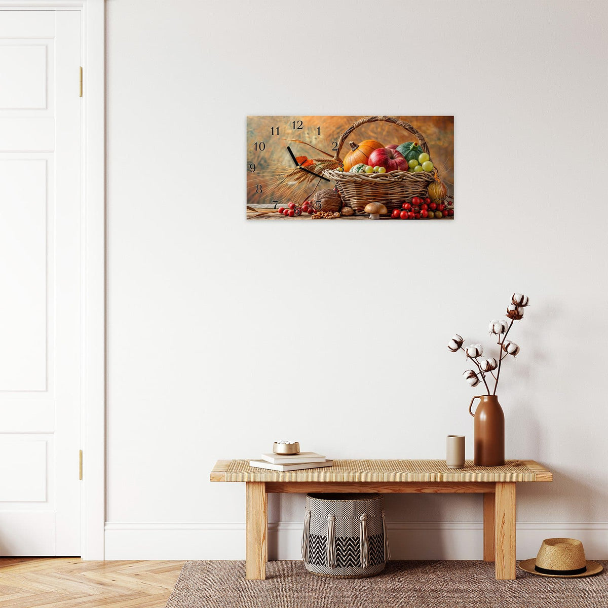 Moderne Wanduhr aus Glas mit Farbtiefe – Wanduhr Herbstlicher Korb aus Glas – Querformat 60 × 30 cm