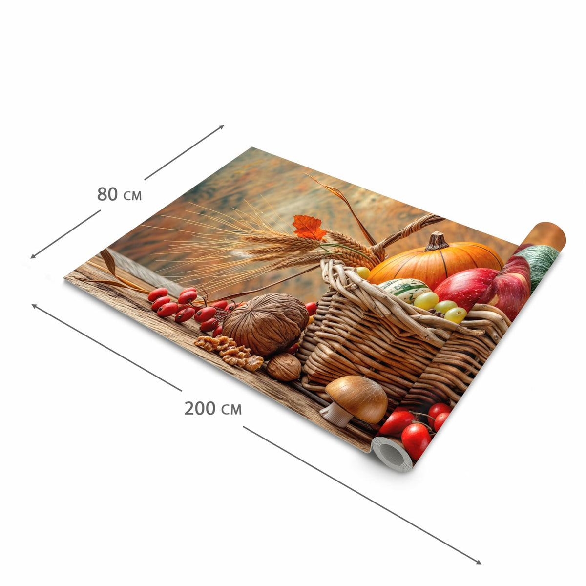 Wasserabweisender Teppichläufer für die Küche mit Motiv Herbstlicher Korb in der Grösse 80x300 cm