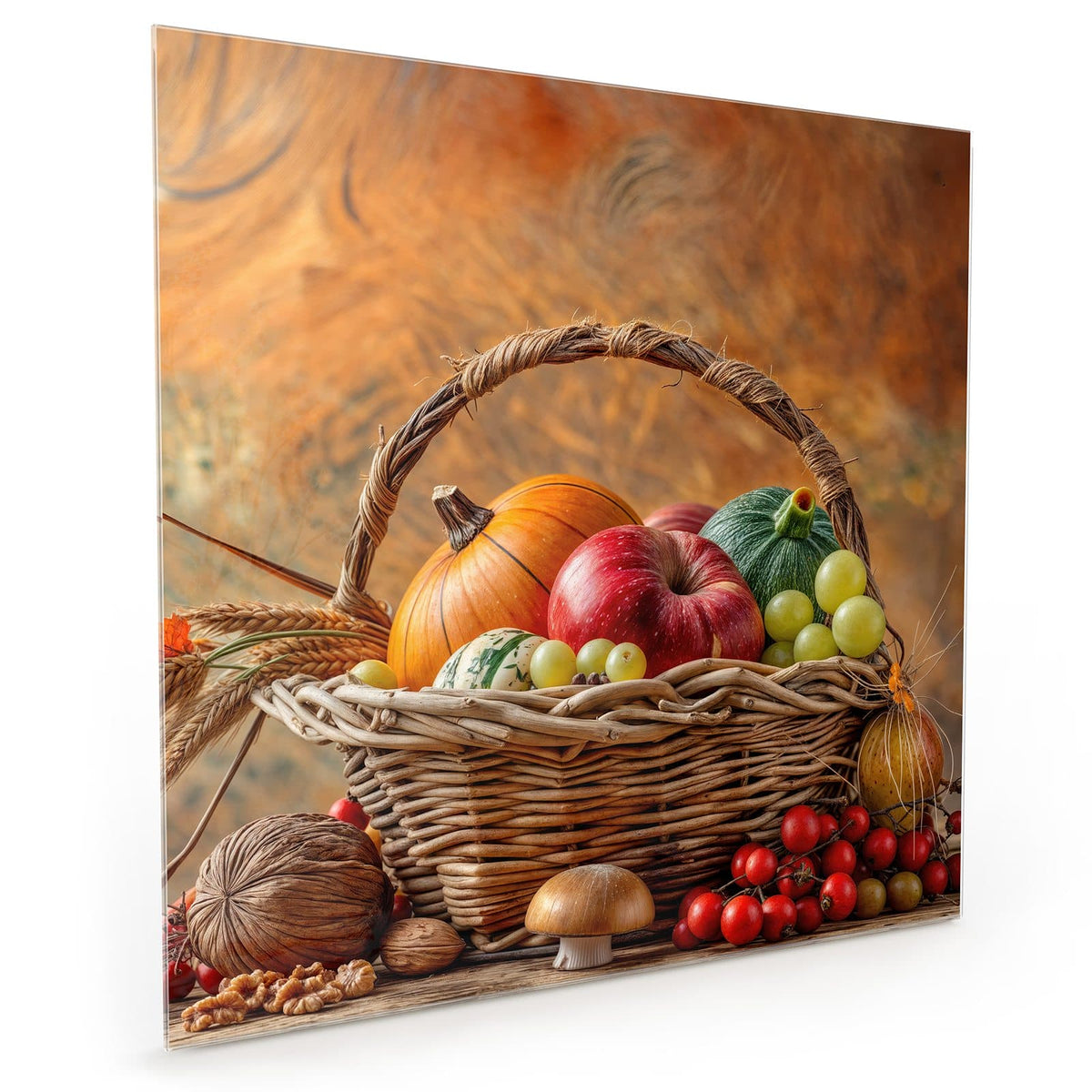 Küchenrückwand aus Glas im quadratischen Format mit Motiv Herbstlicher Korb: Weidenkorb mit Kürbis, Apfel, Trauben, dazu Pilz, Walnüsse und Hagebutten #grösse_40 x 40 cm #grösse_50 x 50 cm #grösse_60 x 60 cm