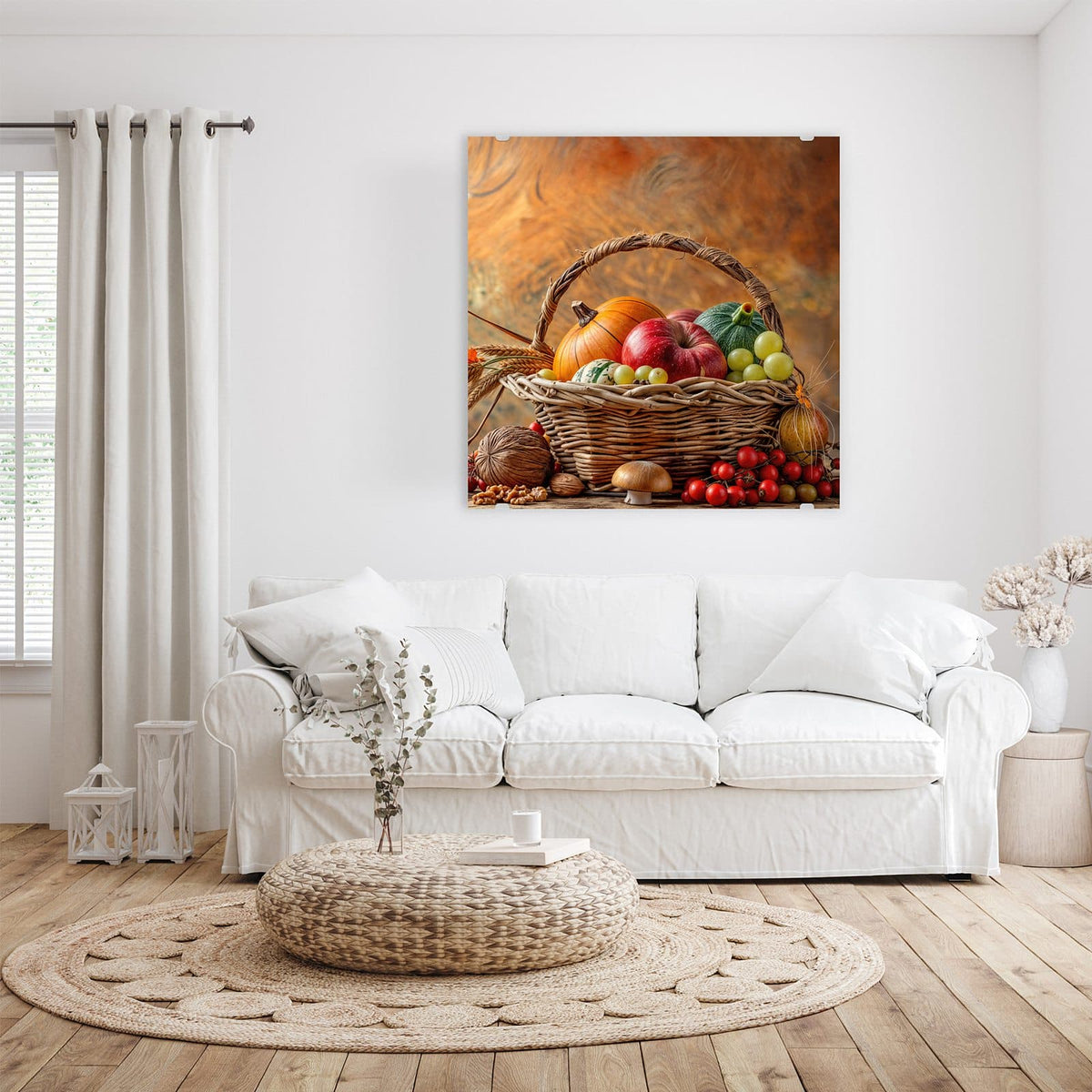 Glasbild Herbstlicher Korb an der Wand – Weidenkorb mit Kürbis, Apfel, Trauben, dazu Pilz, Walnüsse und Hagebutten