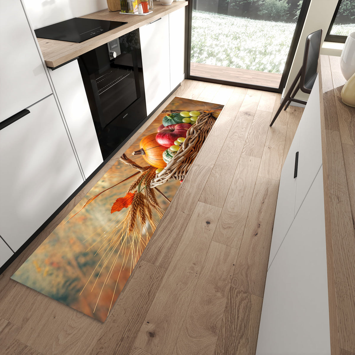 Komfortabler Küchenteppich mit Motiv Herbstlicher Korb in moderner Küche