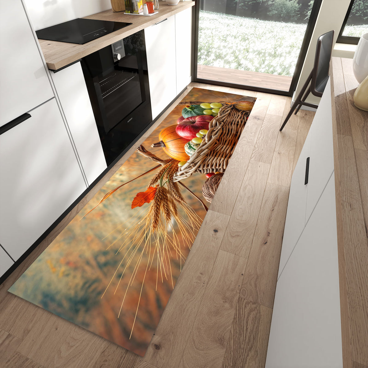 Waschbarer Küchenteppich mit Motiv Herbstlicher Korb in moderner Küche