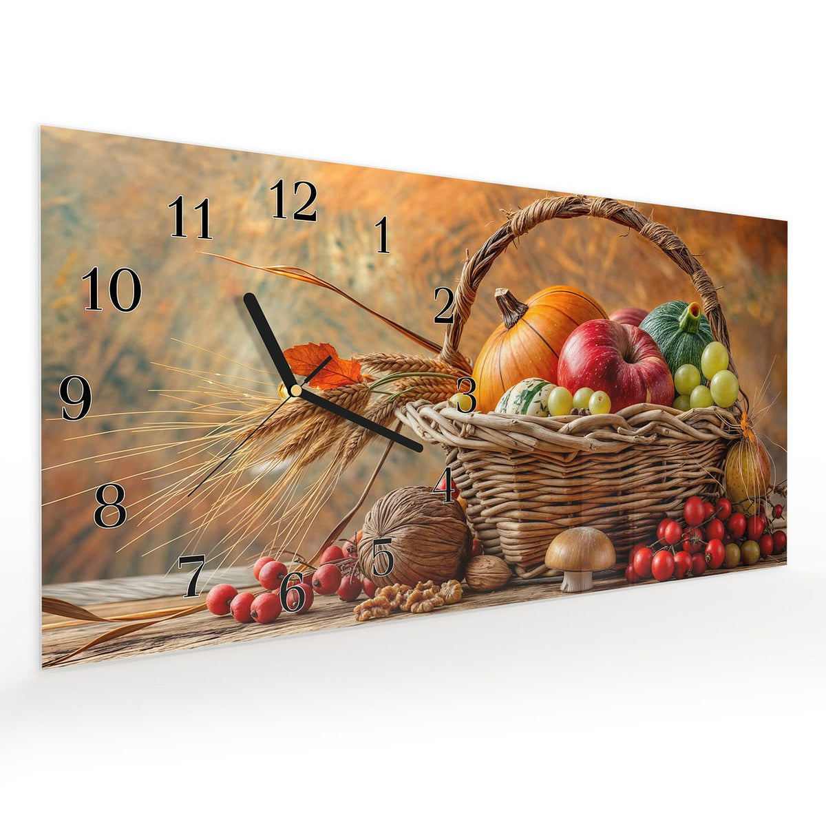 Vormontiert – mit Schwebeeffekt – Wanduhr Herbstlicher Korb aus Glas – Querformat 60 × 30 cm
