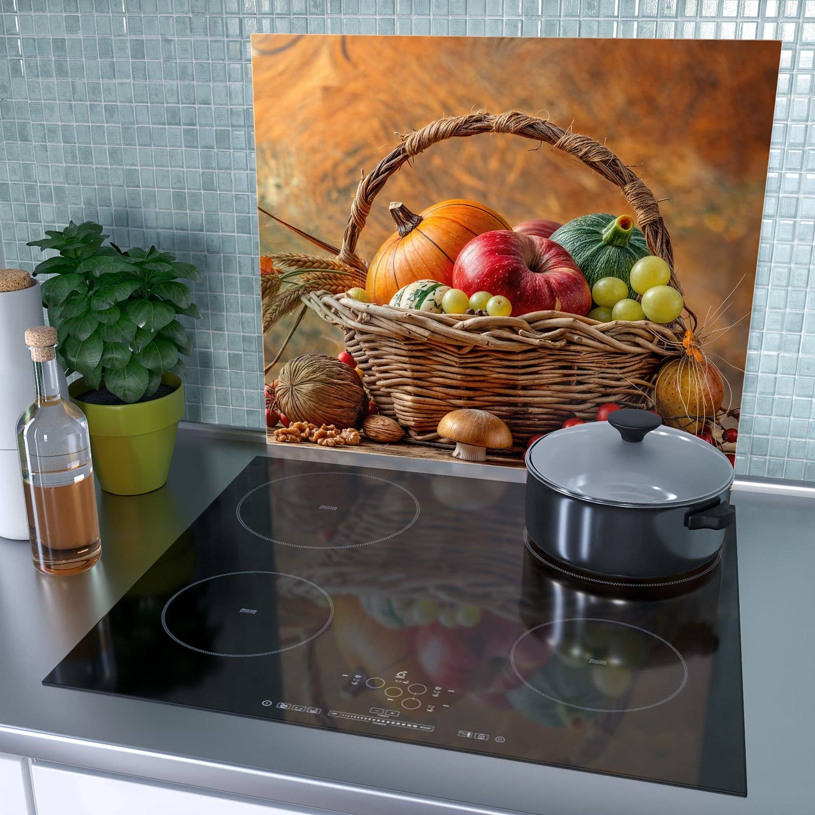 1-teilige Herdabdeckplatte mit Herbstlicher Korb-Motiv als Spritzschutz hinter dem Kochfeld