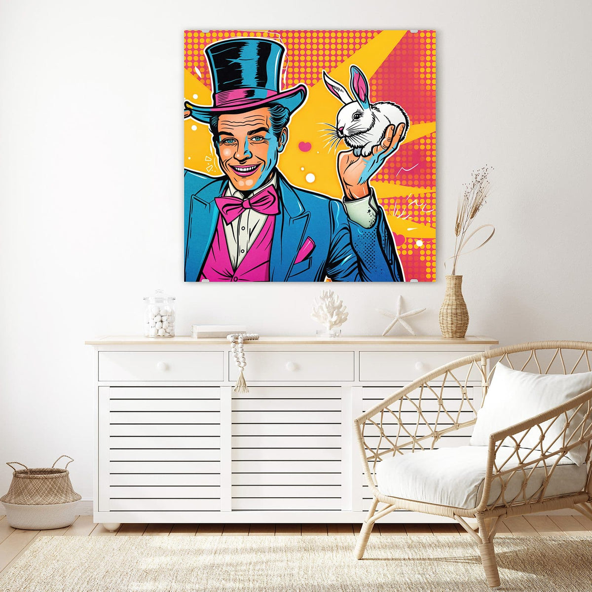 Glasbild Zauberer mit Hase an der Wand – Pop-Art-Zauberer mit Zylinder und Fliege, der ein weißes Kaninchen hochhält