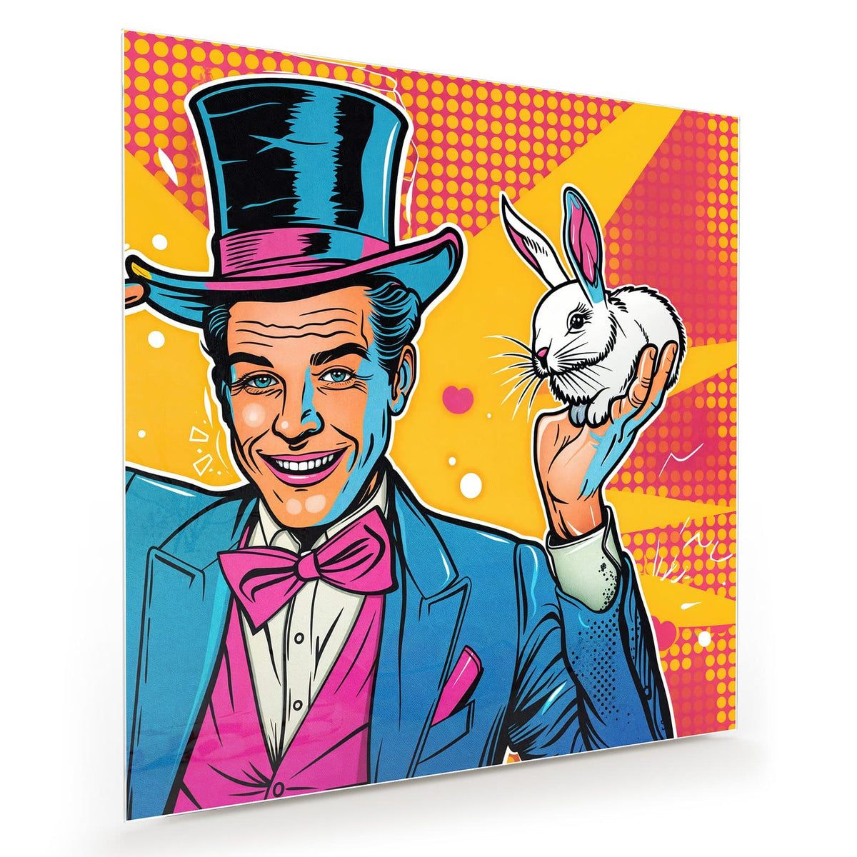 Pop-Art-Zauberer mit Zylinder und Fliege, der ein weißes Kaninchen hochhält