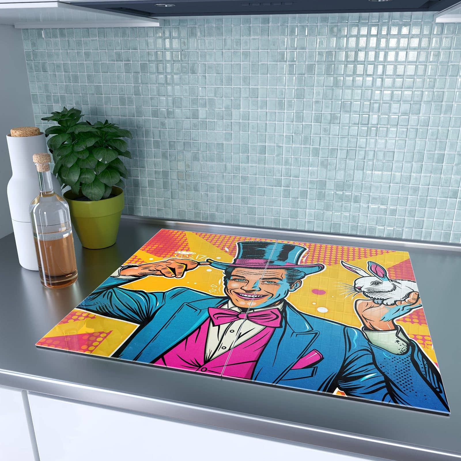 2-teilige Herdabdeckplatte aus Glas mit Zauberer Mit Hase-Motiv auf dem Ceranfeld