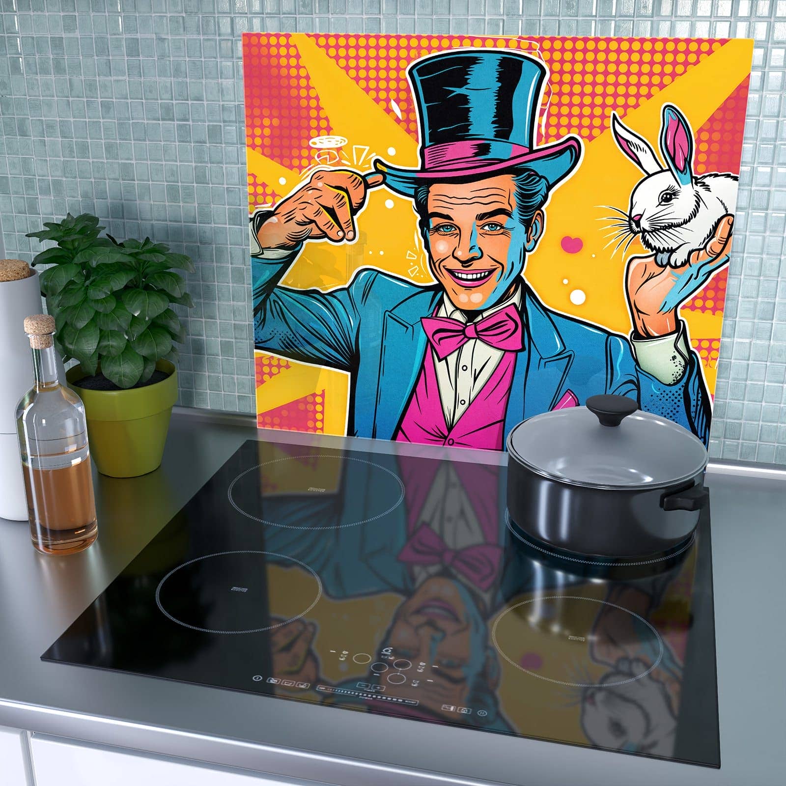 1-teilige Herd Schutzplatte mit Zauberer Mit Hase-Motiv als Spritzschutz hinter dem Kochfeld