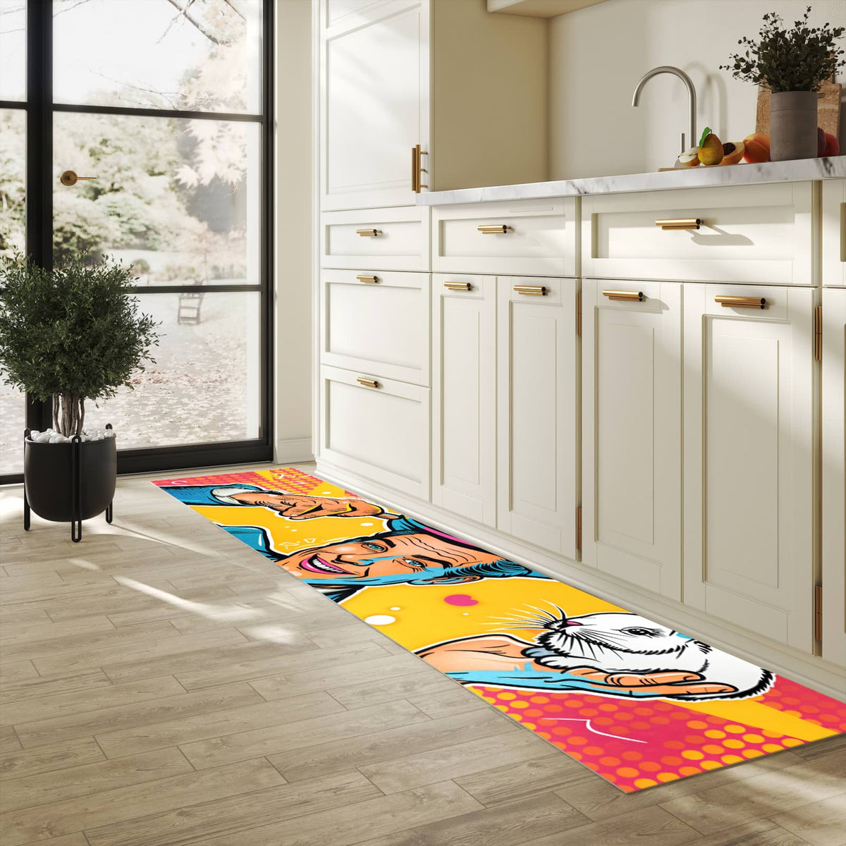Geruchsneutraler langer Teppich mit Motiv Zauberer Mit Hase in heller Küche
