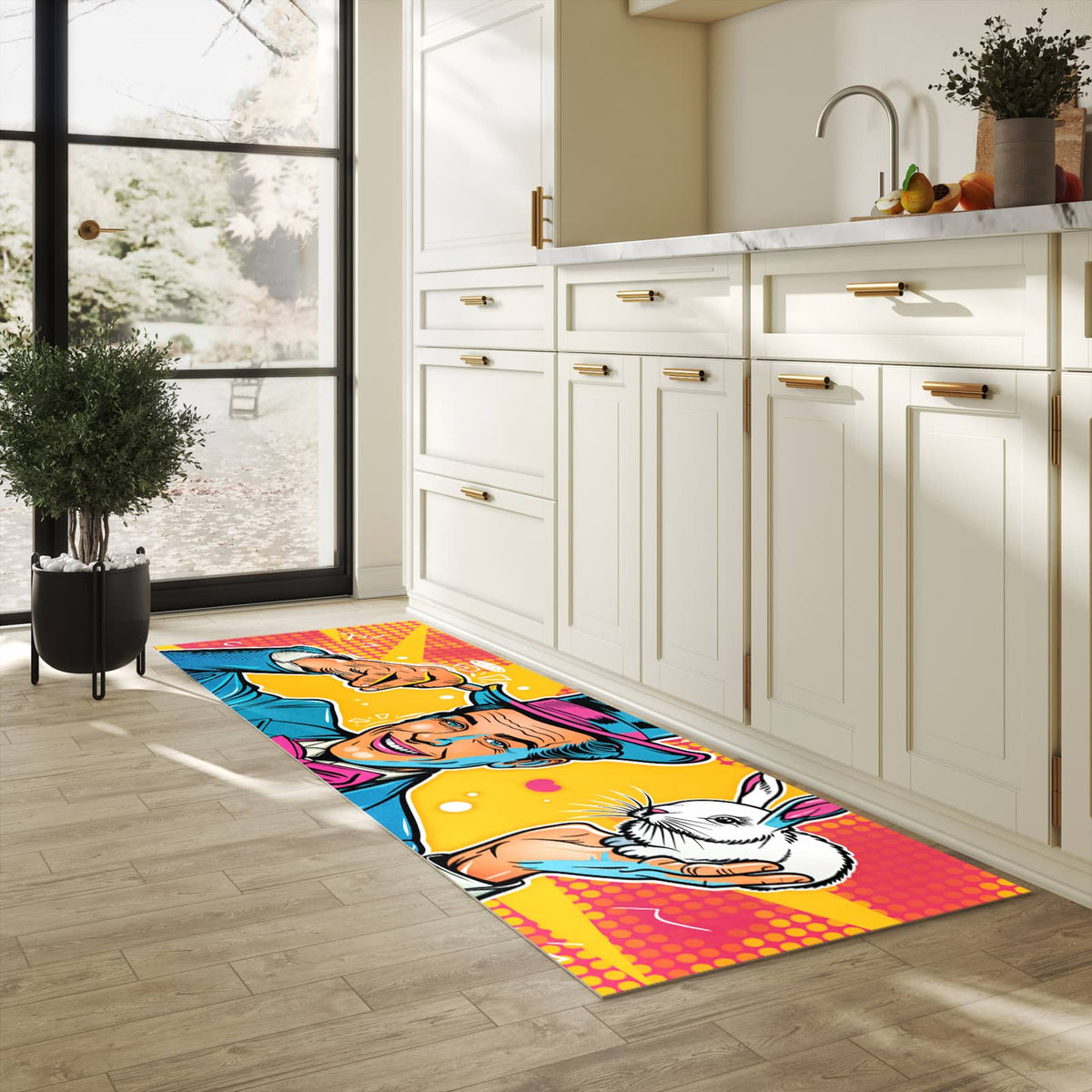 Pflegeleichter dünner Teppich mit Motiv Zauberer Mit Hase in heller Küche