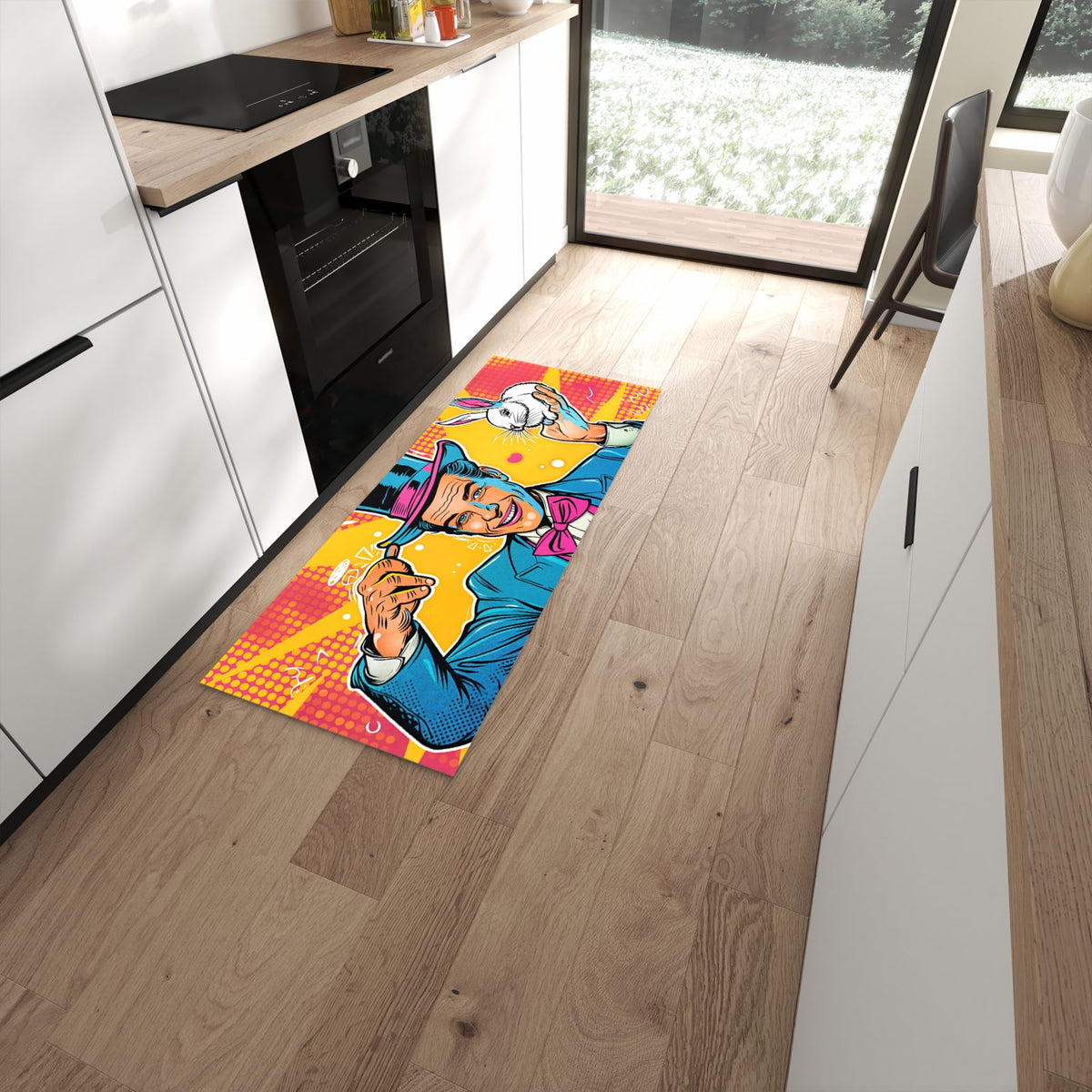 Farbbeständiger waschbarer Küchenläufer mit Motiv Zauberer Mit Hase in moderner Küche #grösse_60 x 150 cm