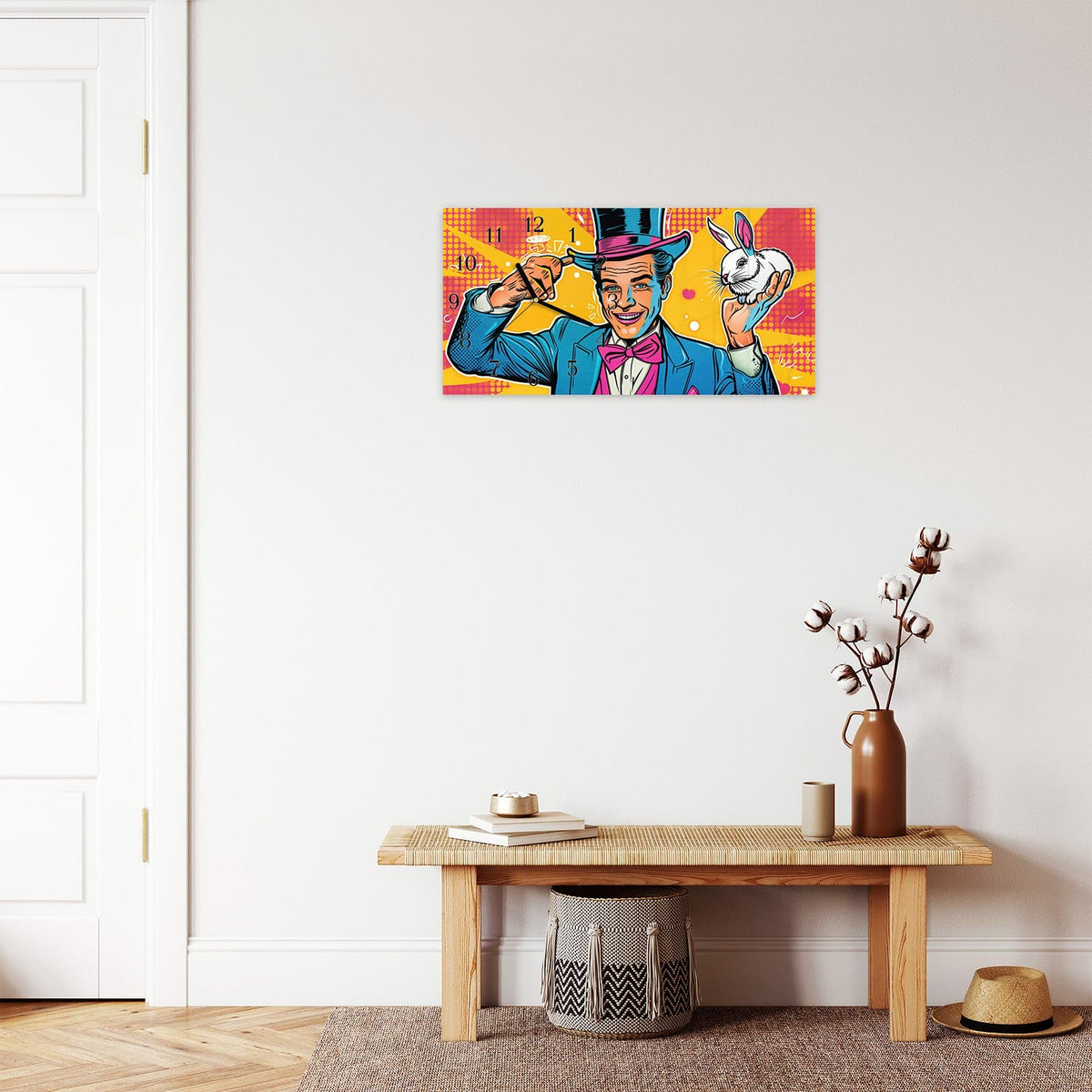Moderne Wanduhr aus Glas mit Farbtiefe – Wanduhr Zauberer Mit Hase aus Glas – Querformat 60 × 30 cm