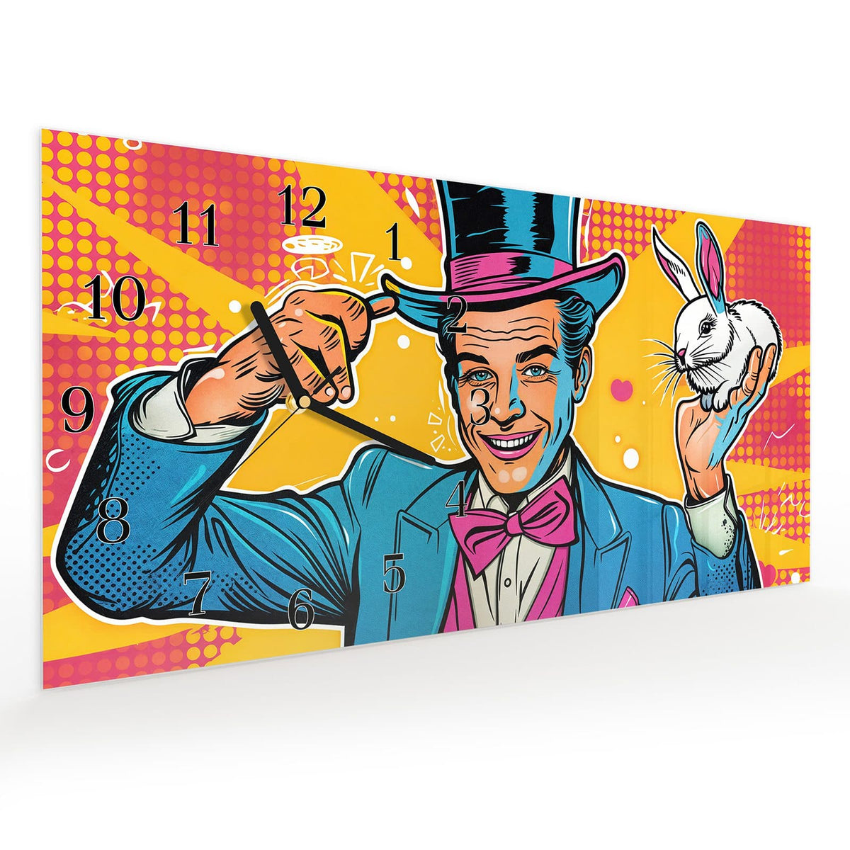 Vormontiert – mit Schwebeeffekt – Wanduhr Zauberer Mit Hase aus Glas – Querformat 60 × 30 cm