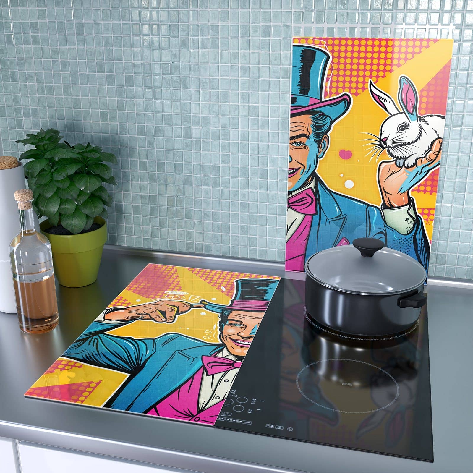 2-teilige Ceranfeld Abdeckplatten mit Zauberer Mit Hase-Motiv als Spritzschutz hinter dem Kochfeld
