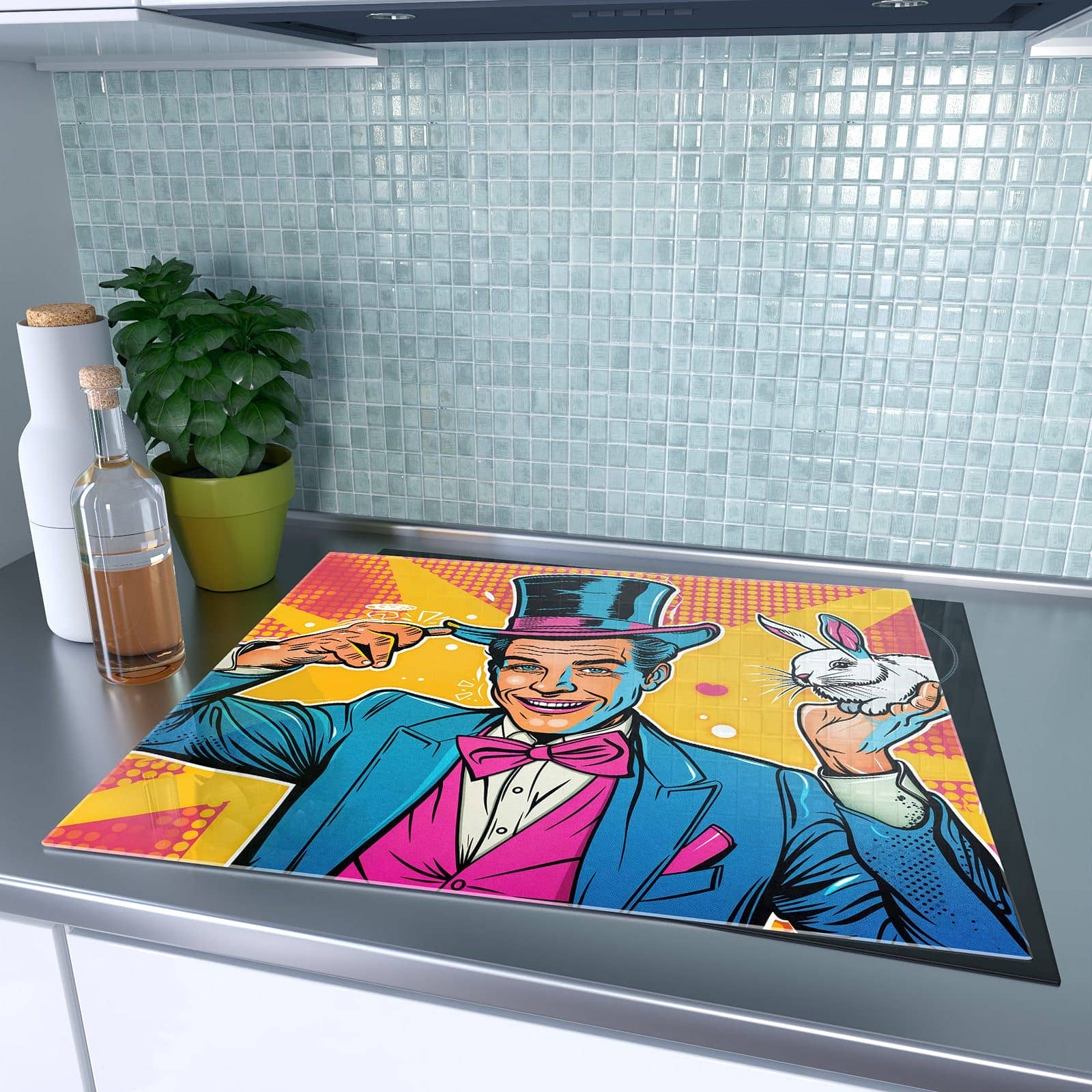 1-teilige Herdabdeckplatte mit Zauberer Mit Hase-Motiv auf dem Ceranfeld