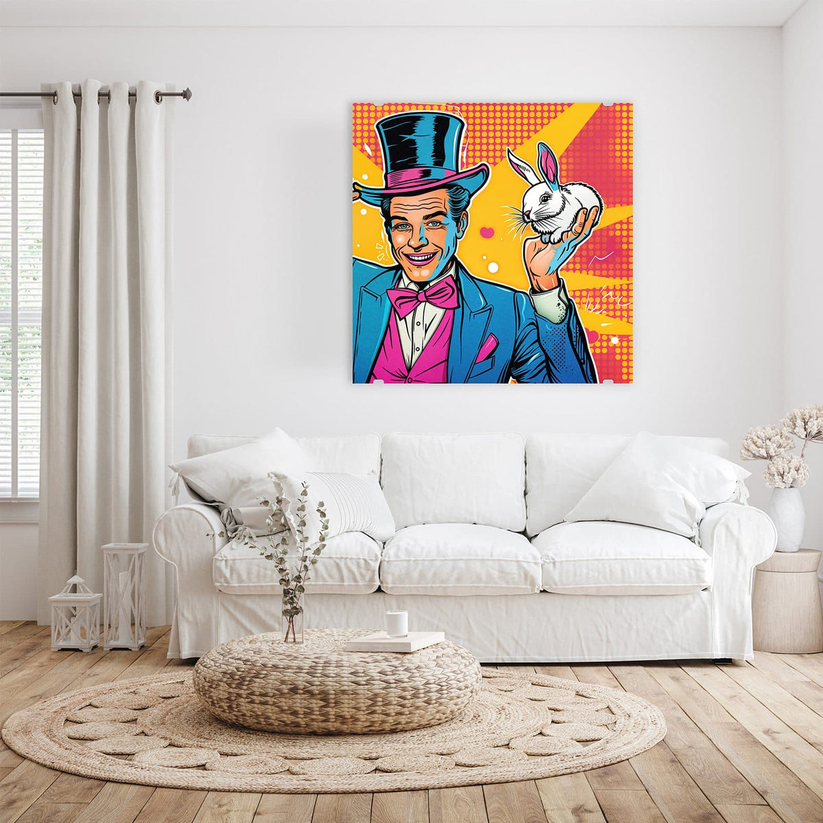 Pop-Art-Zauberer mit Zylinder und Fliege, der ein weißes Kaninchen hochhält