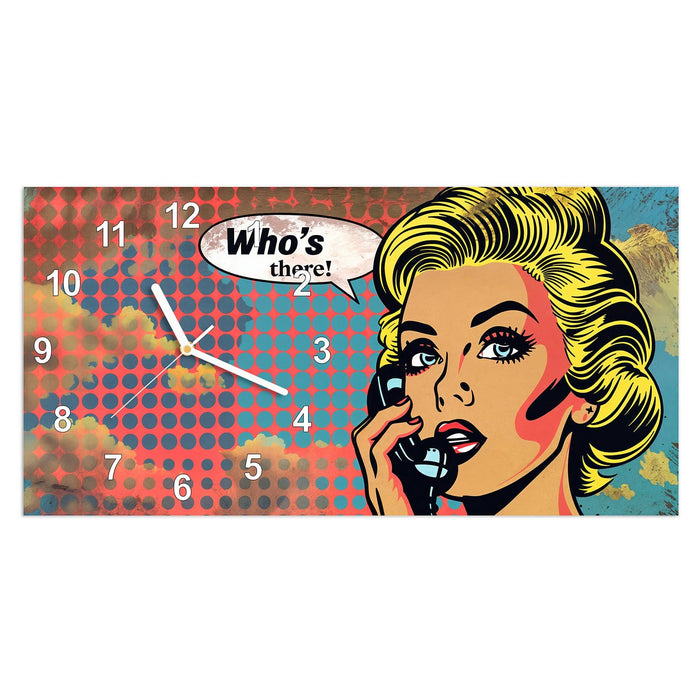 Wanduhr Telefonierende Frau aus Glas – Querformat 60 × 30 cm mit Ziffernblatt Modern