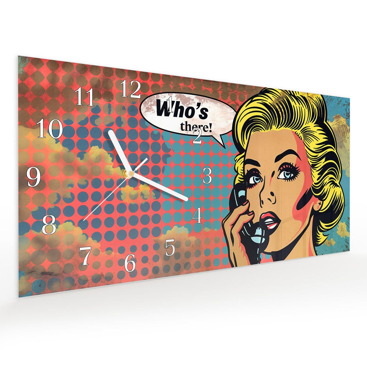 Vormontiert – mit Schwebeeffekt – Wanduhr Telefonierende Frau aus Glas – Querformat 60 × 30 cm