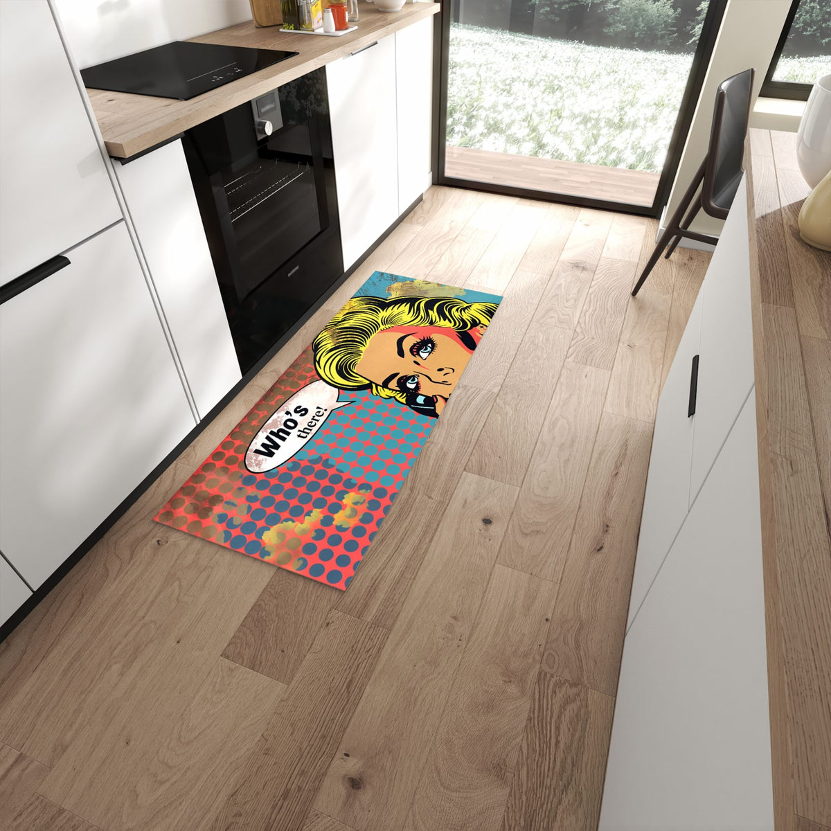 Komfortabler rutschfester Küchenteppich mit Motiv Telefonierende Frau in moderner Küche #grösse_60 x 150 cm
