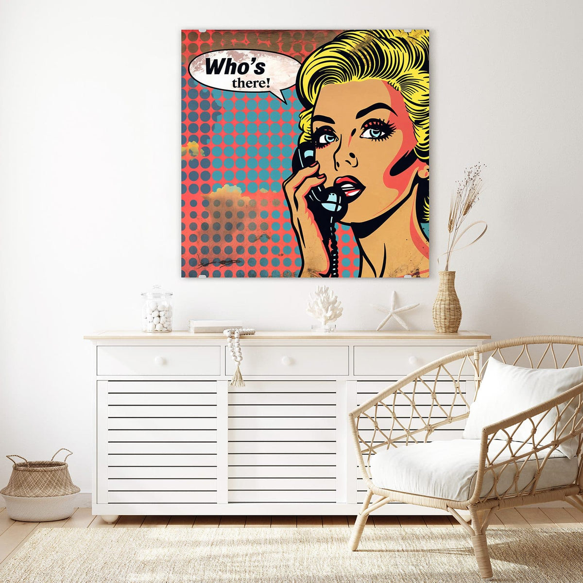 Echtglas, 4 mm – kein Acryl, keine Folie – Wandbild - Telefonierende Frau - Quadratisch
