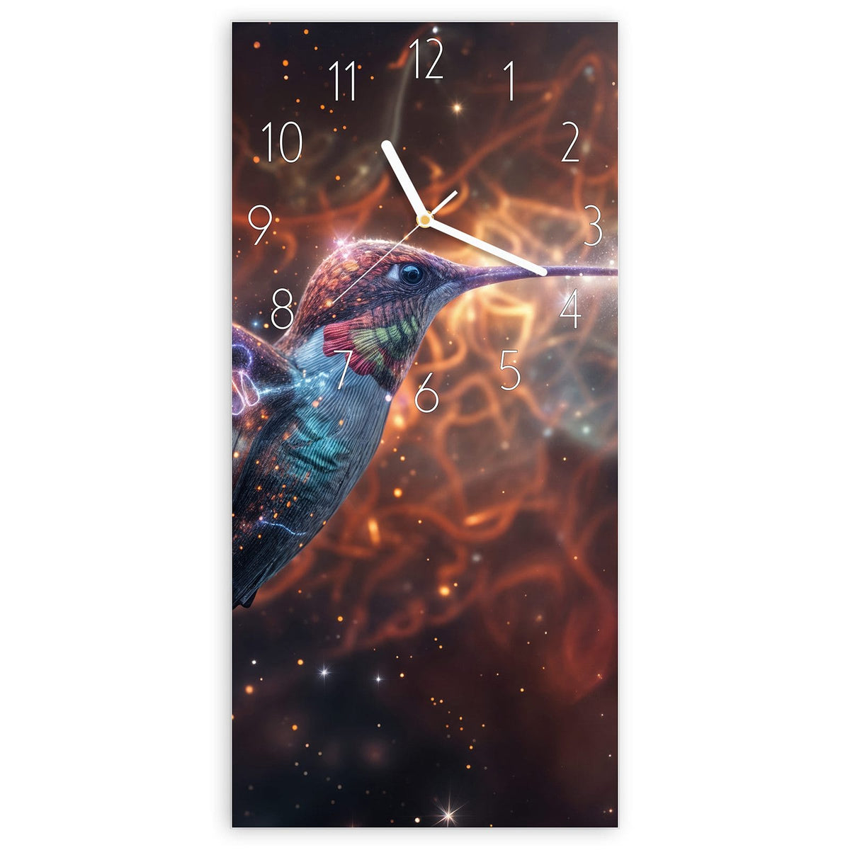 Wanduhr aus Glas, Ziffernblatt Elegant mit Motiv Schimmernder Kolibri: Kolibri im Flug, Gefieder schillert blau-violett vor glühend orangem Hintergrund #ziffernblatt_Elegant