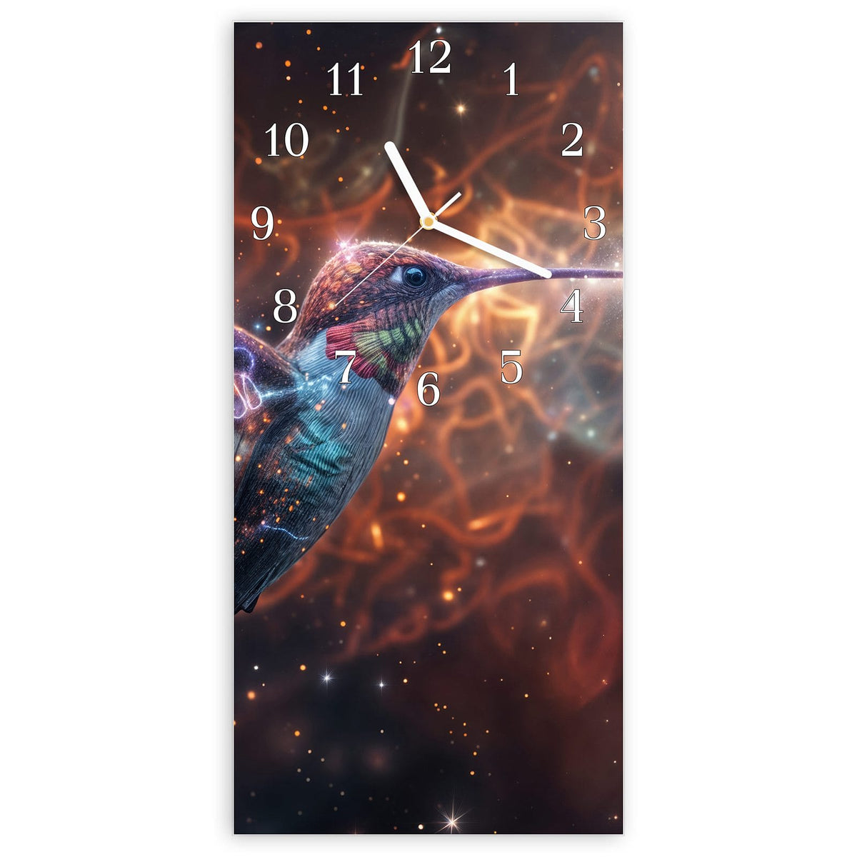 Wanduhr aus Glas, Ziffernblatt Klassisch mit Motiv Schimmernder Kolibri: Kolibri im Flug, Gefieder schillert blau-violett vor glühend orangem Hintergrund #ziffernblatt_Klassisch