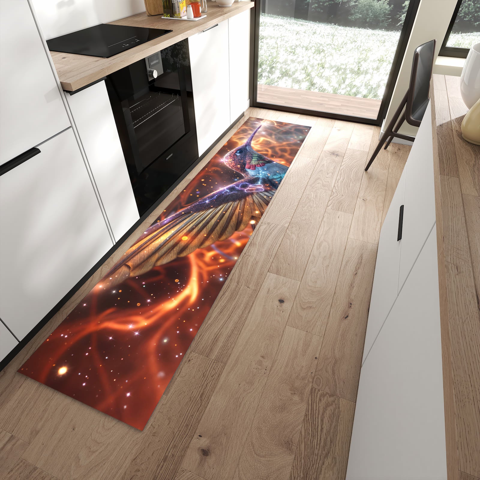 Abriebfester Küchenteppich mit Motiv Schimmernder Kolibri in moderner Küche