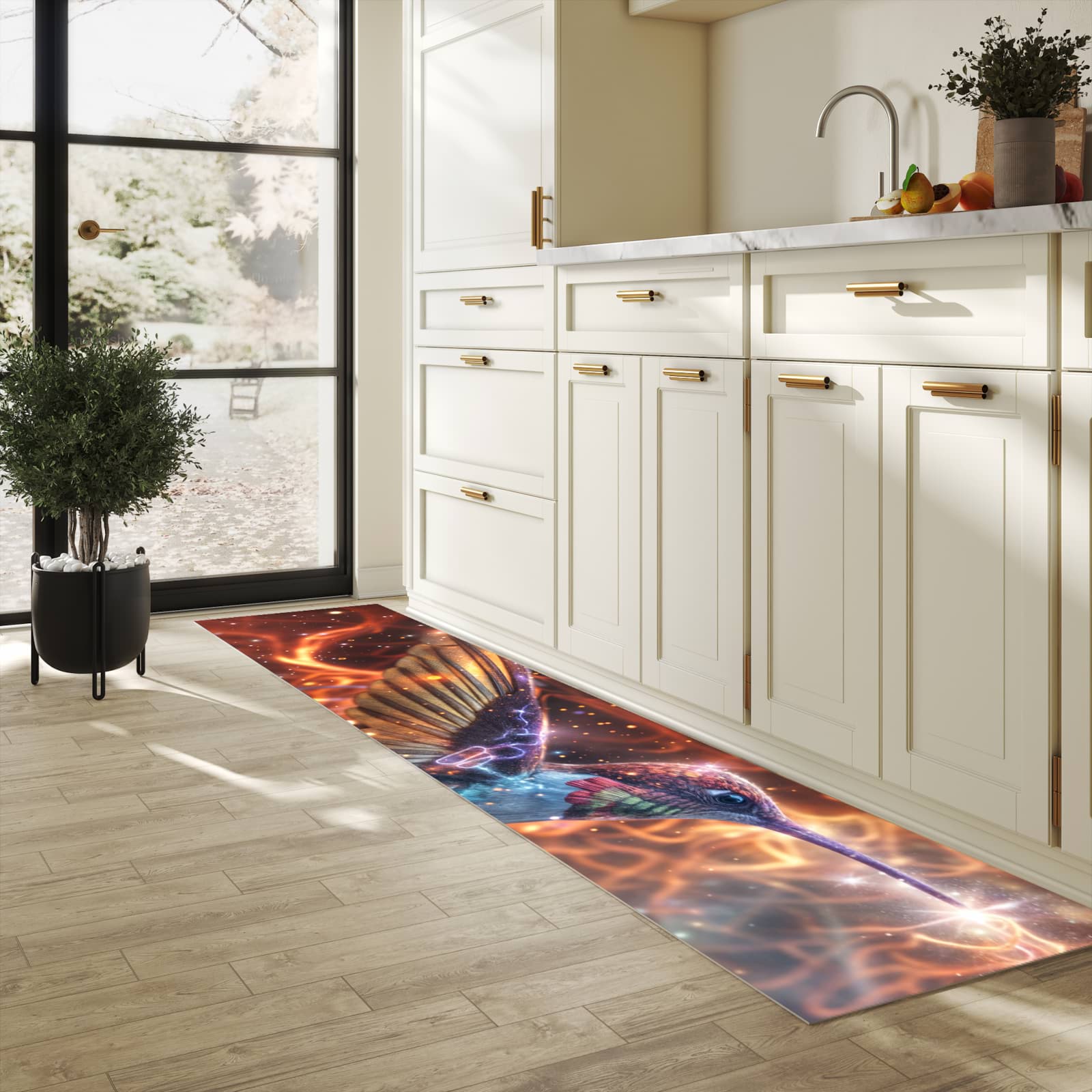 Flacher rutschfester Küchenläufer mit Motiv Schimmernder Kolibri in heller Küche